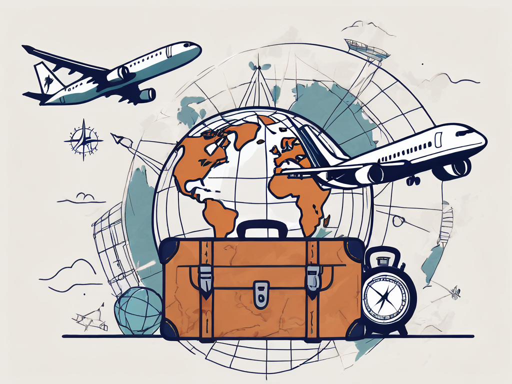 A globe surrounded by various travel elements like an airplane