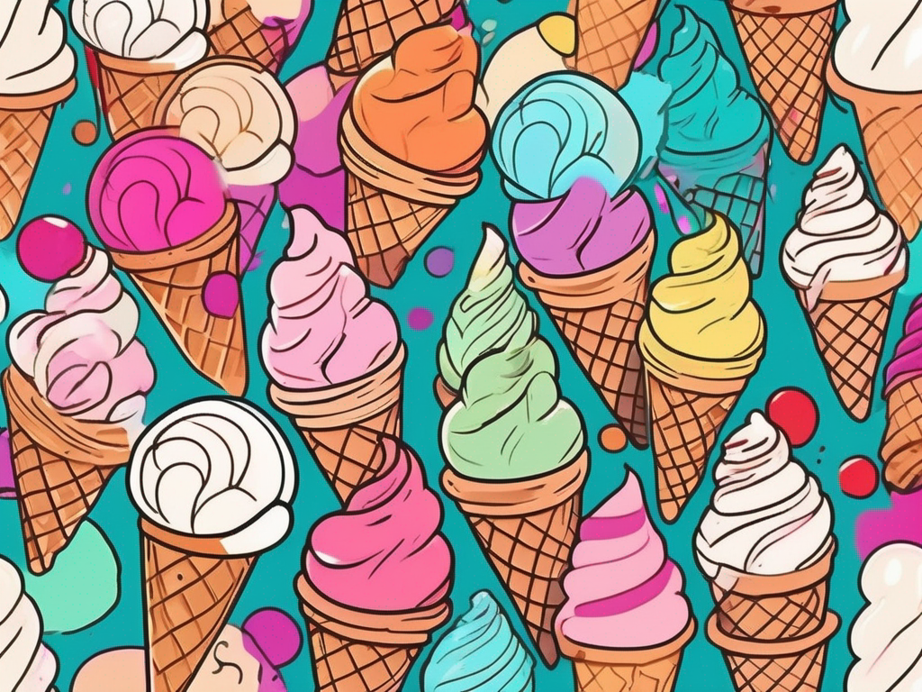 Various types of ice cream cones with vibrant colors and playful swirls