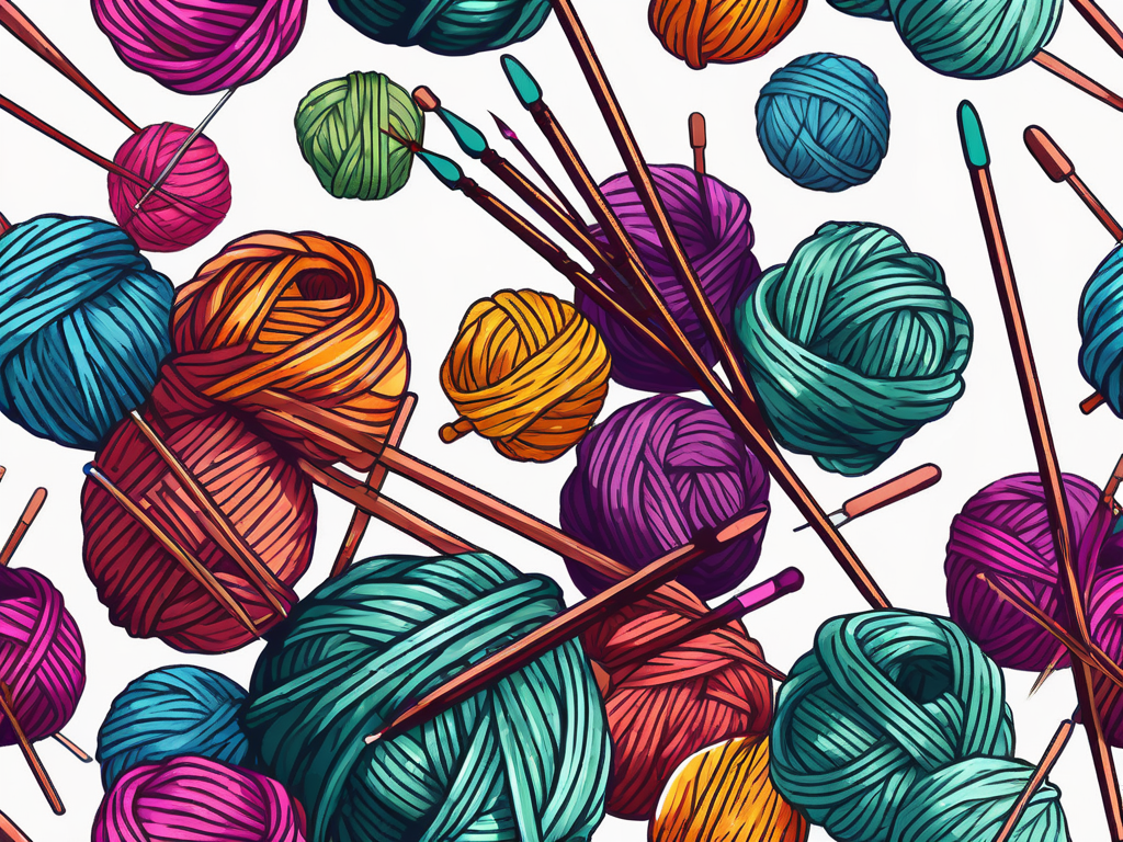 Various colorful knitting needles and yarn balls intertwined in a creative and visually appealing pattern