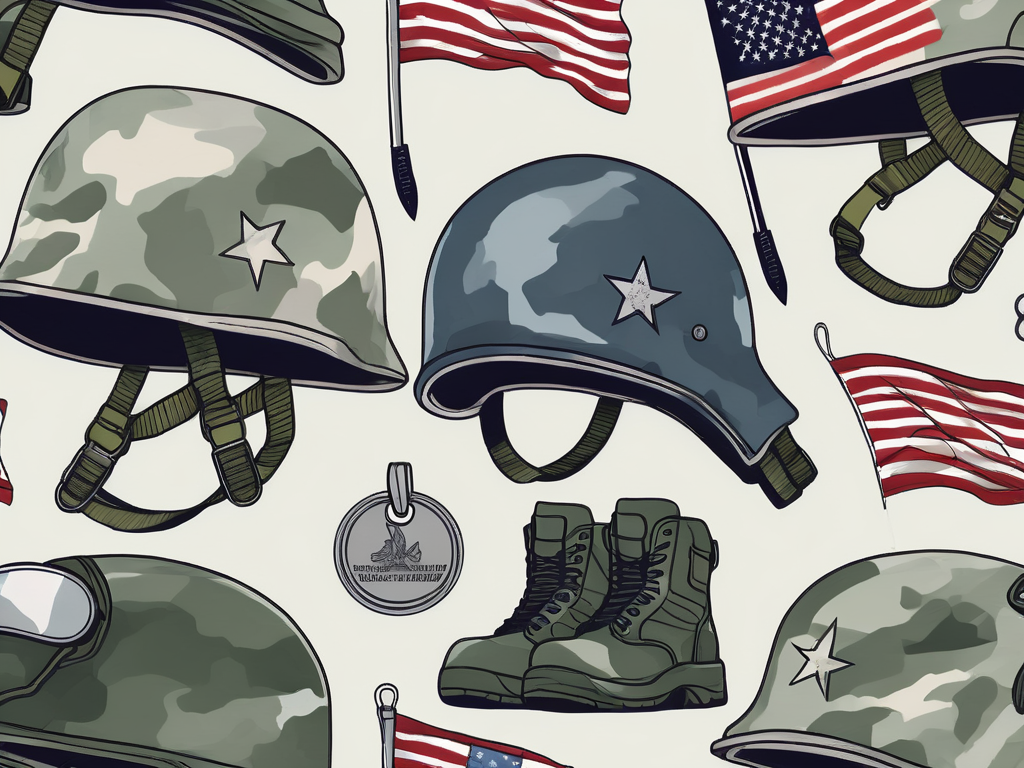 Various military paraphernalia such as helmets