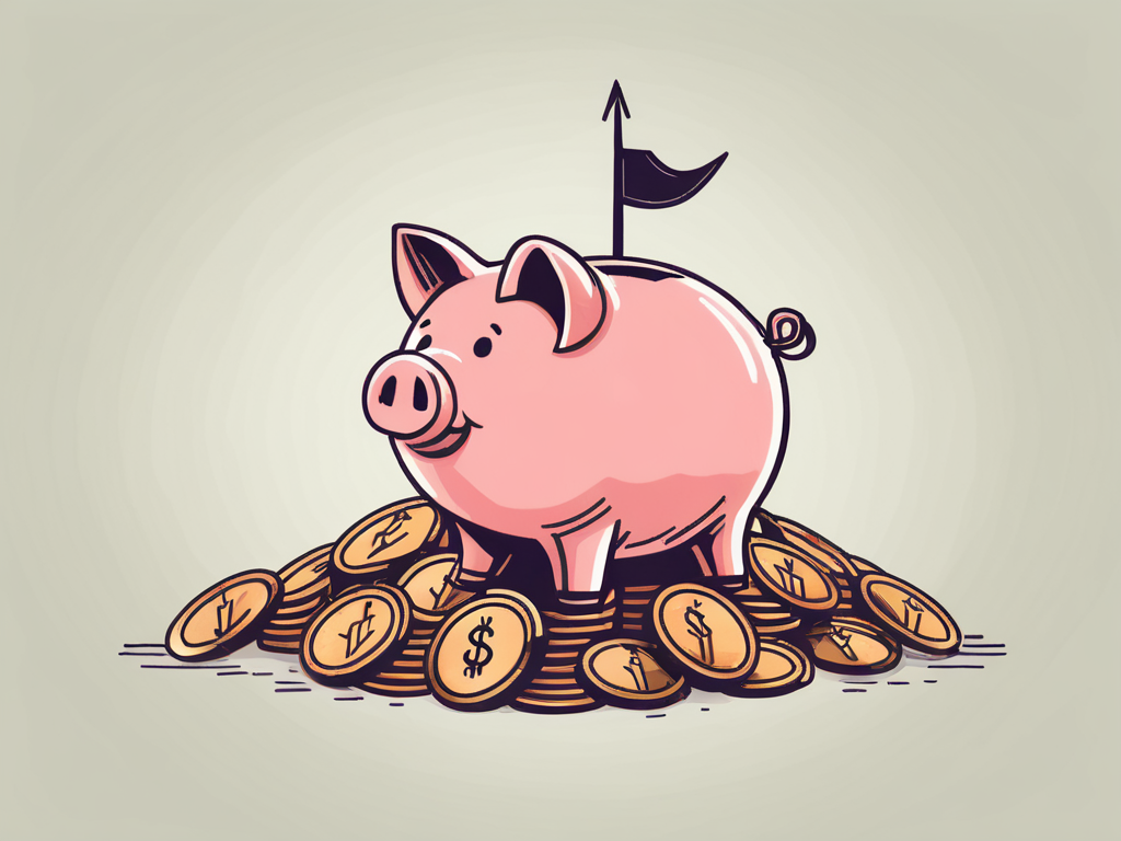 A piggy bank on a pile of coins