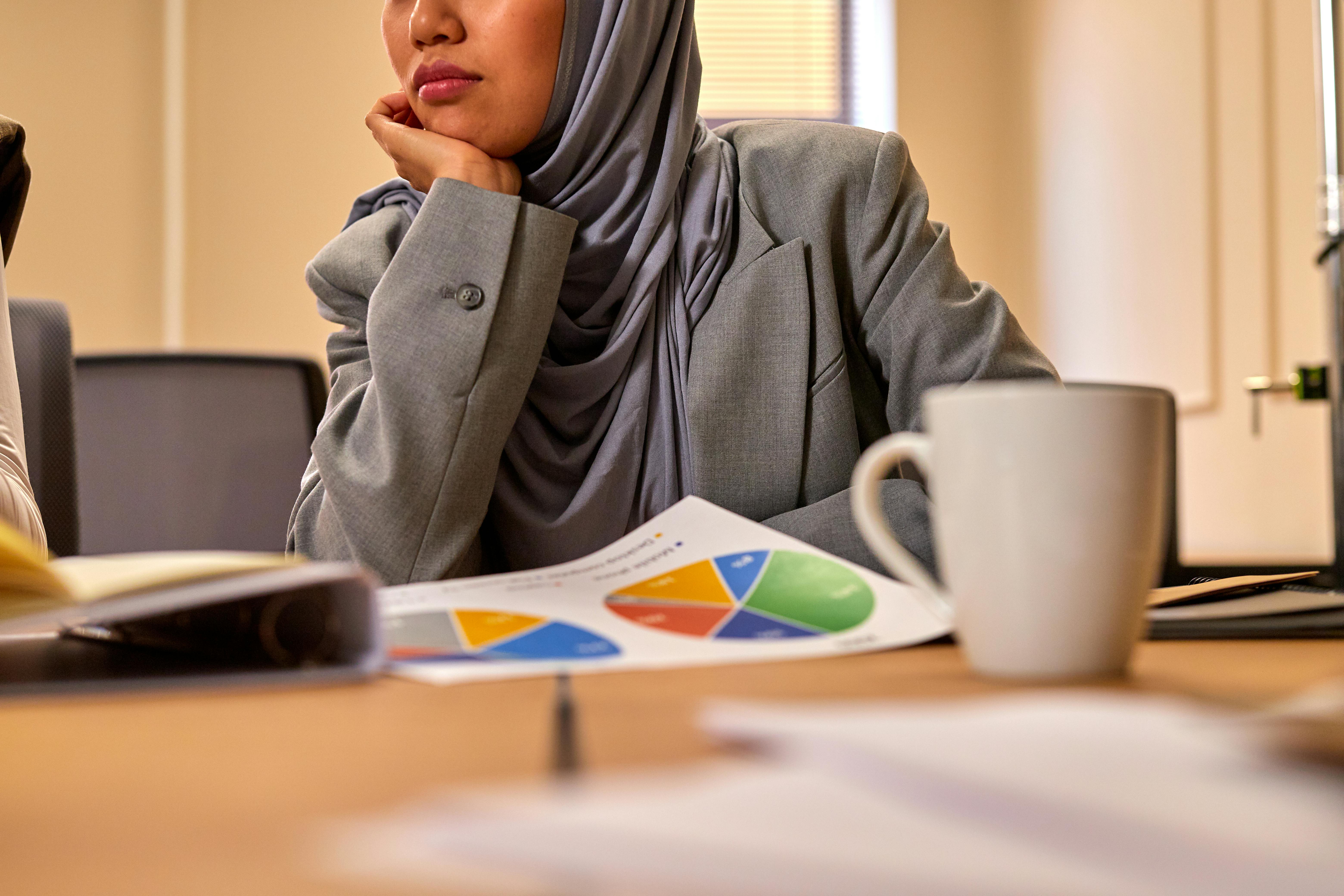 Unrecognizable Woman in Hijab Sitting at Office Desk