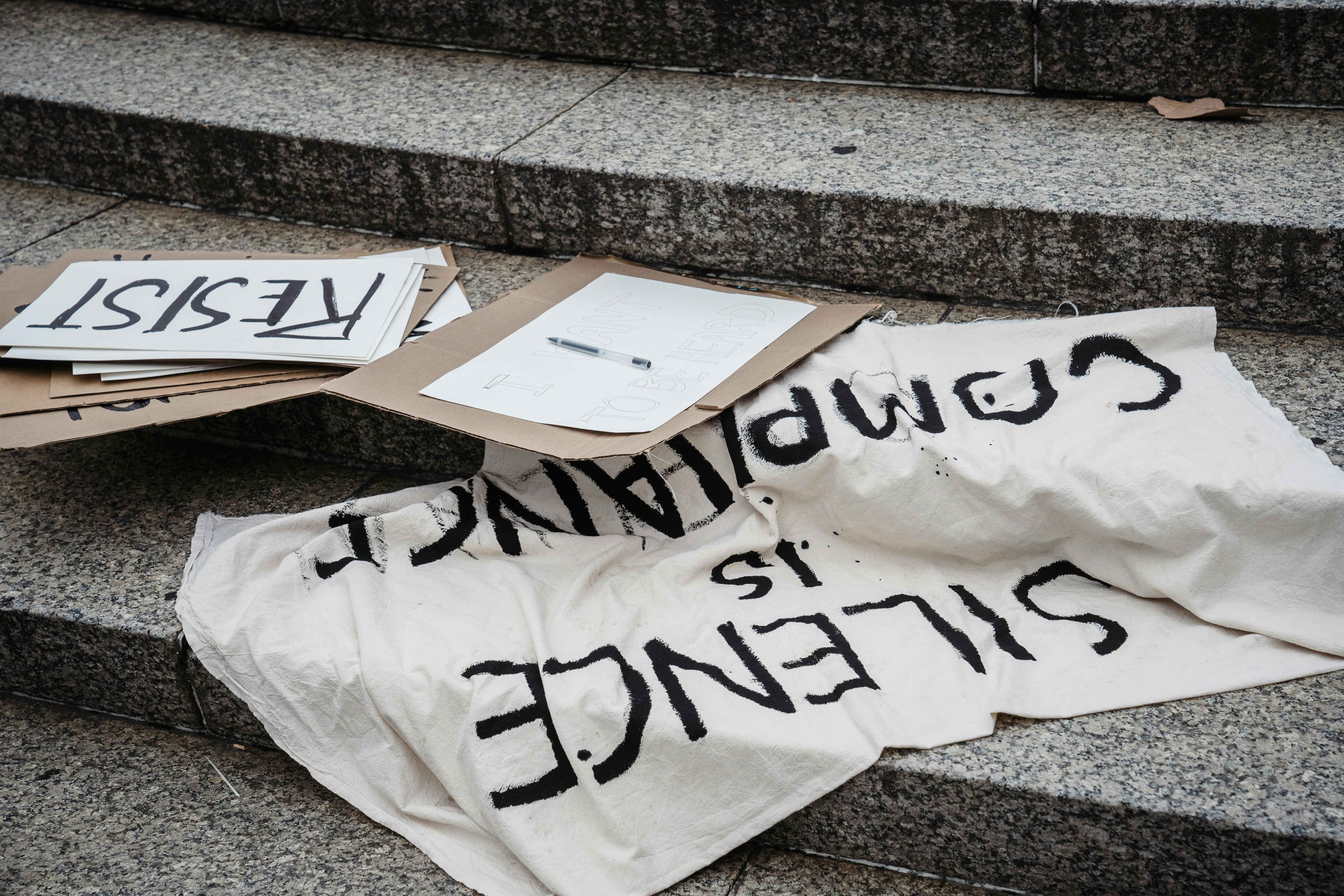 Protest Banners Lying on Steps