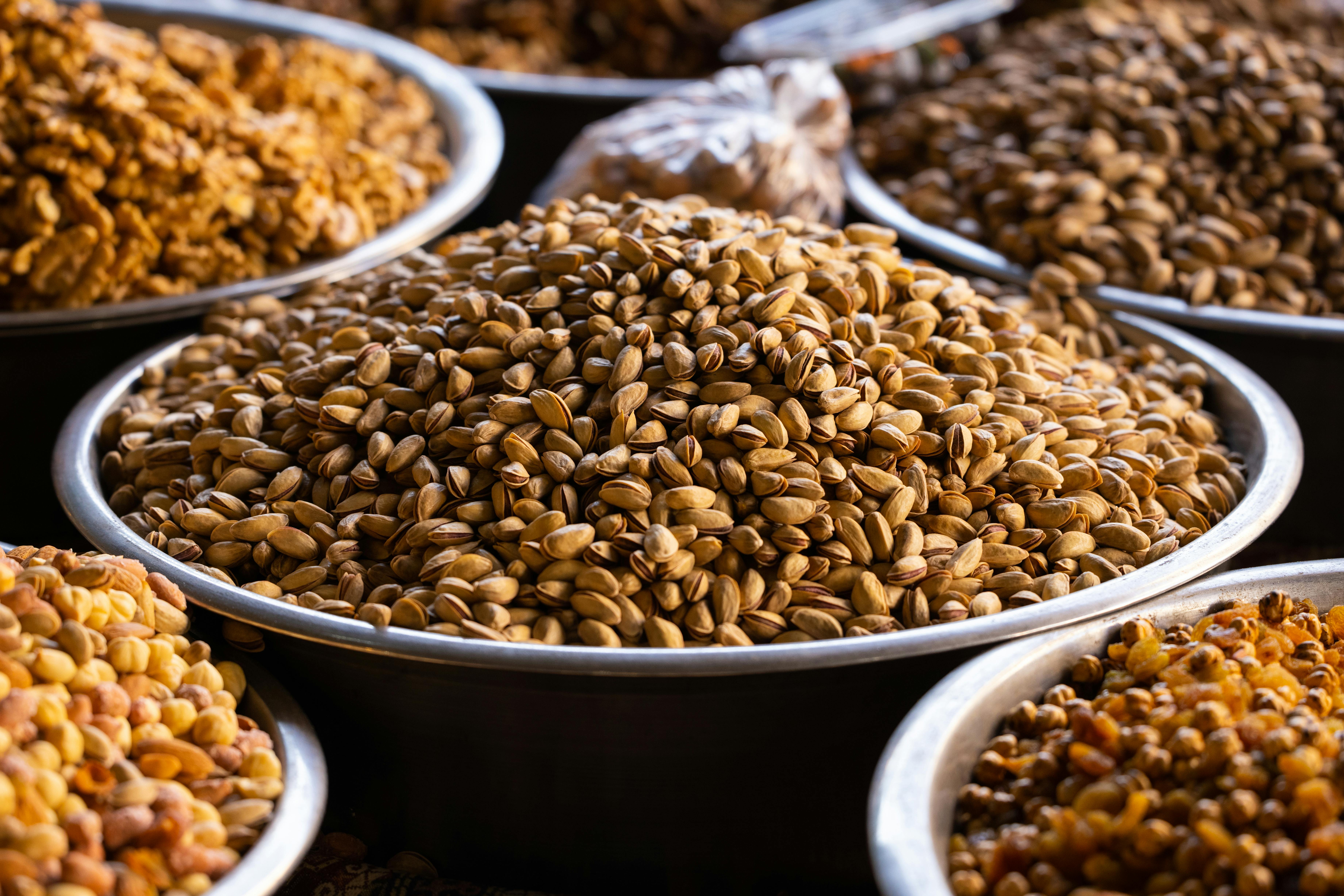 Assorted Nuts on Stainless Containers