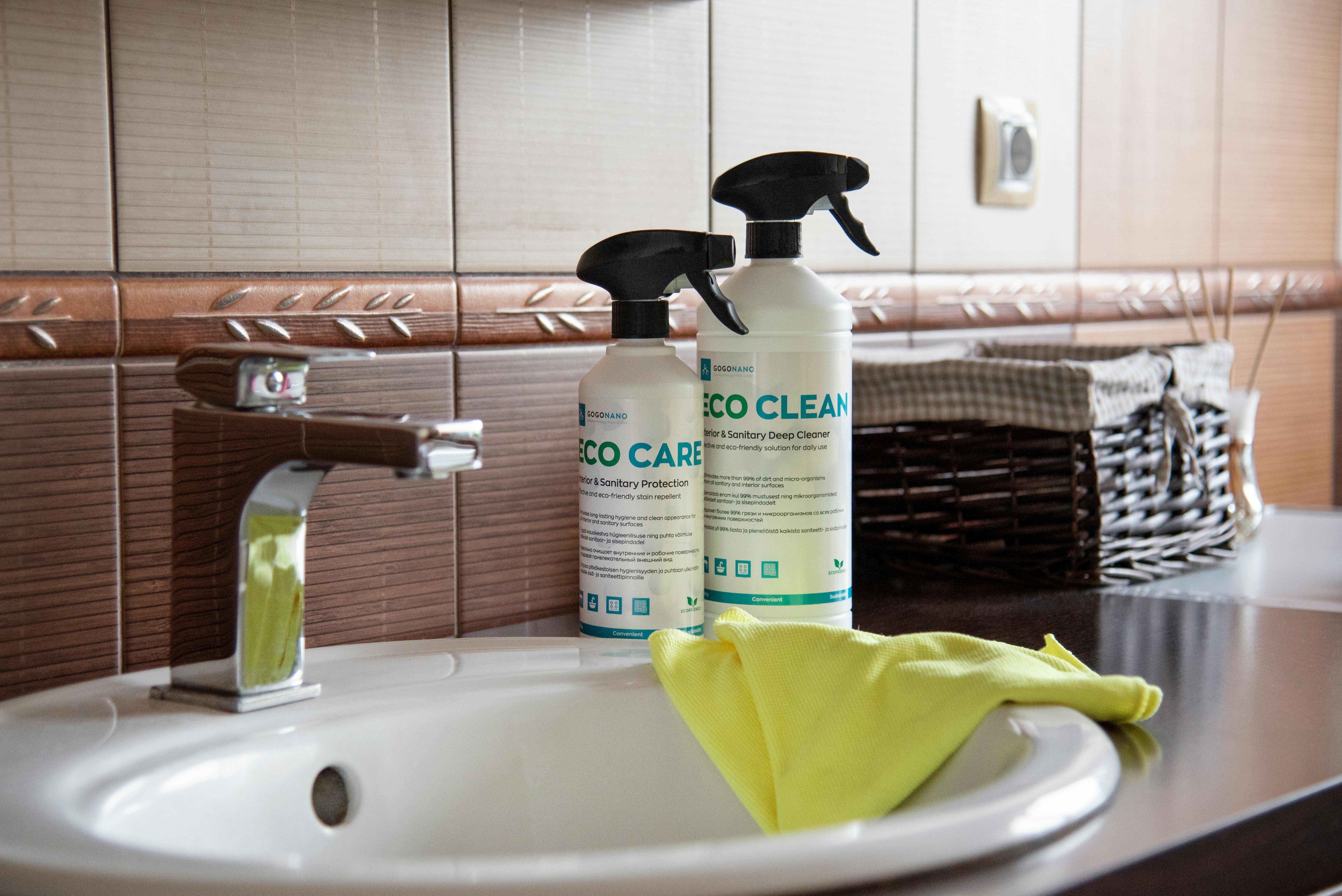 Close-Up Shot of Labeled Spray Bottle on the Sink