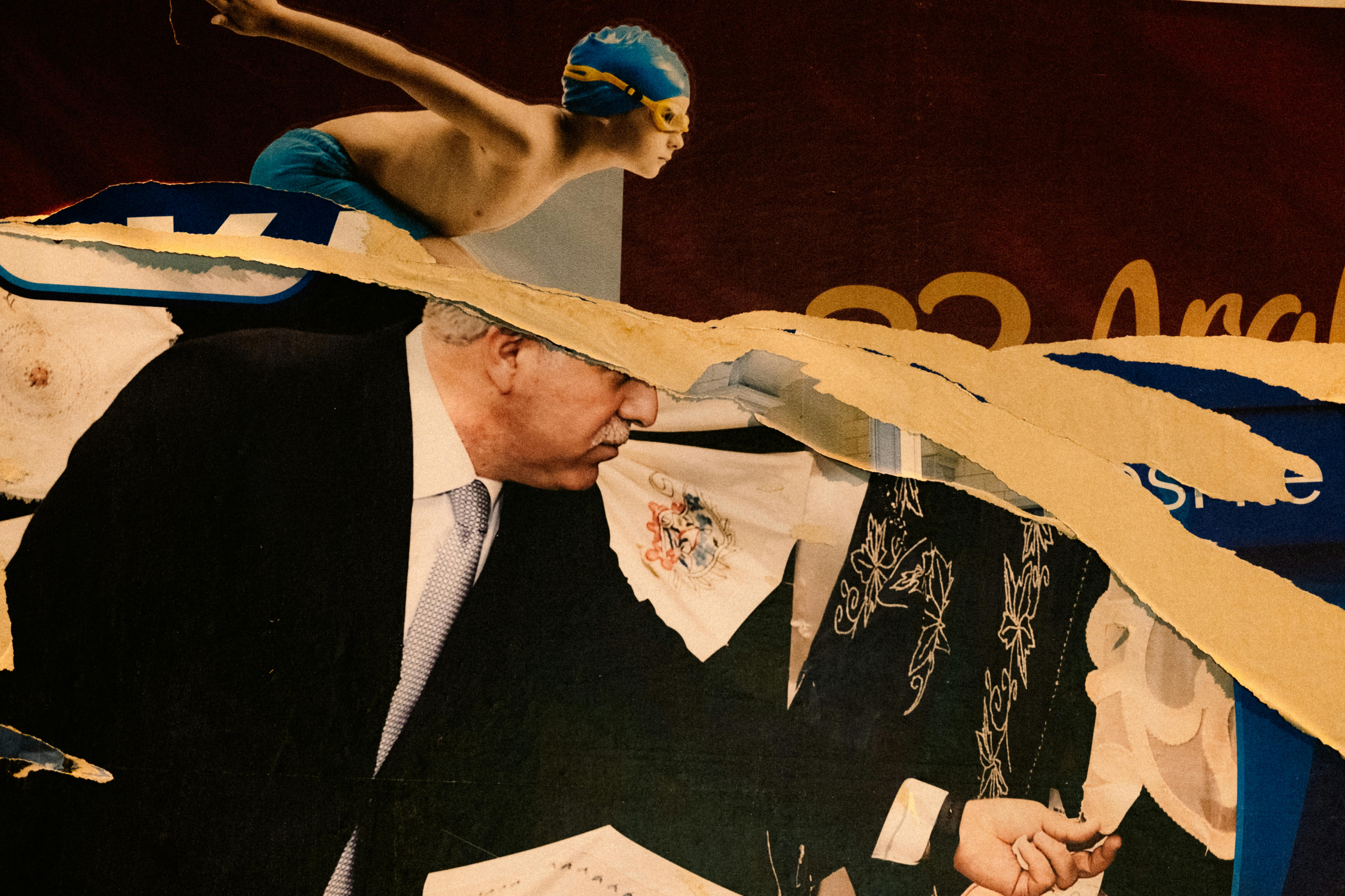 Torn Posters Showing Man in Suit and Swimmer