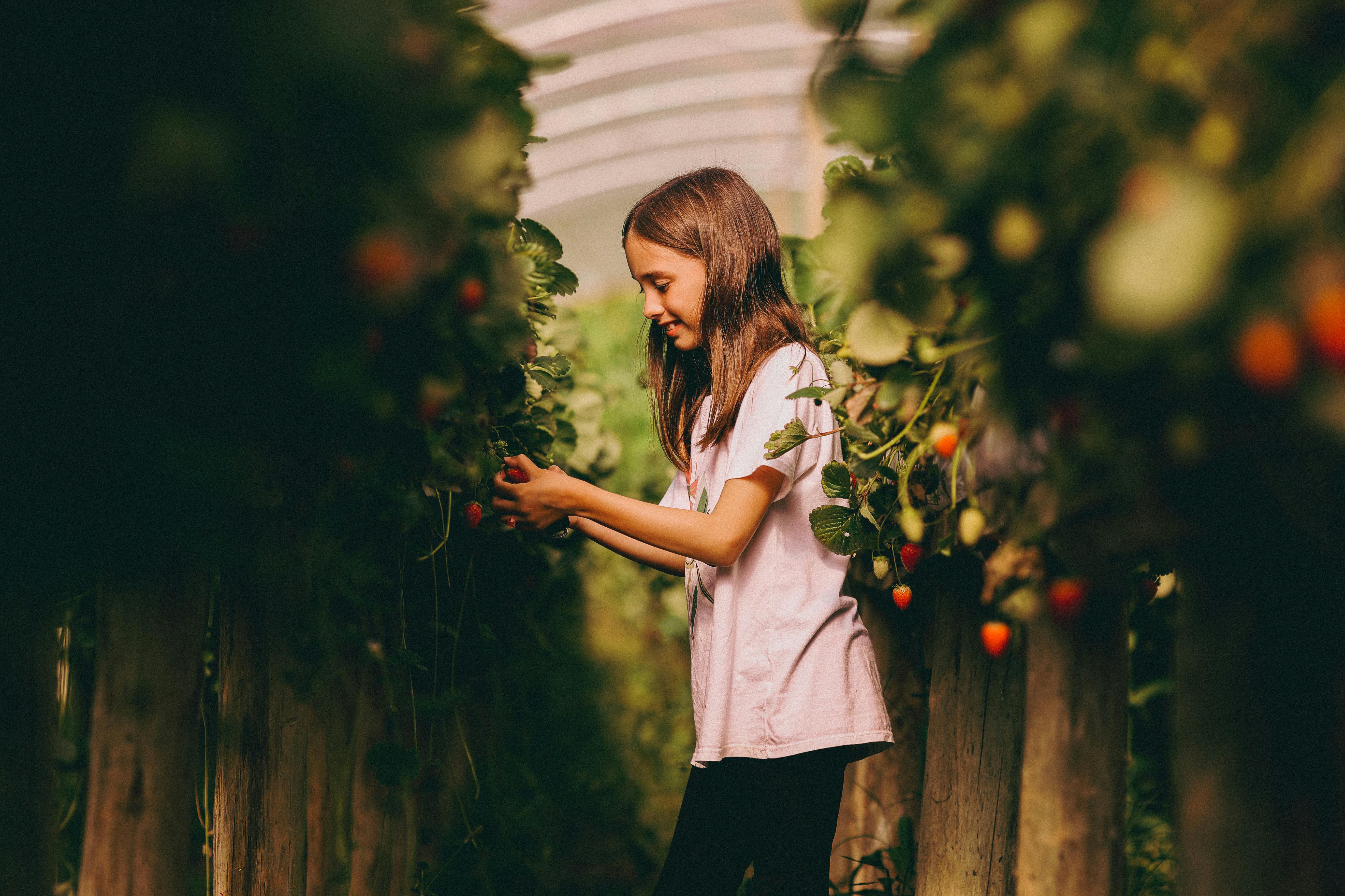 Happy Girl Touching Leaves in Greenhouse
