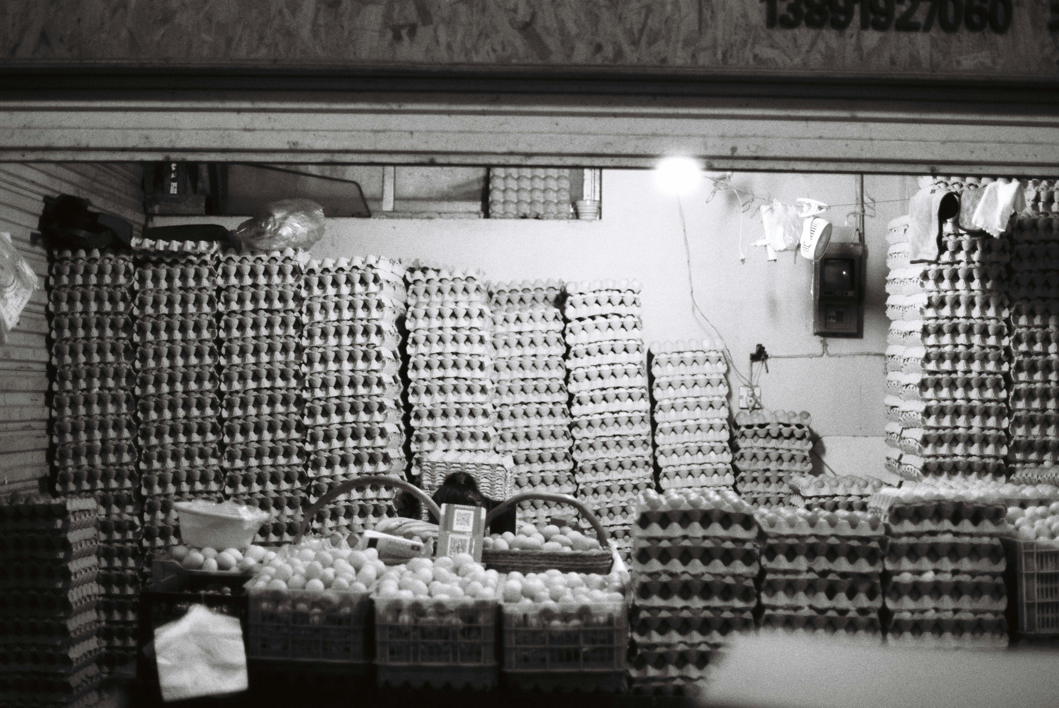 Black and White Photo of Piles of Eggs 