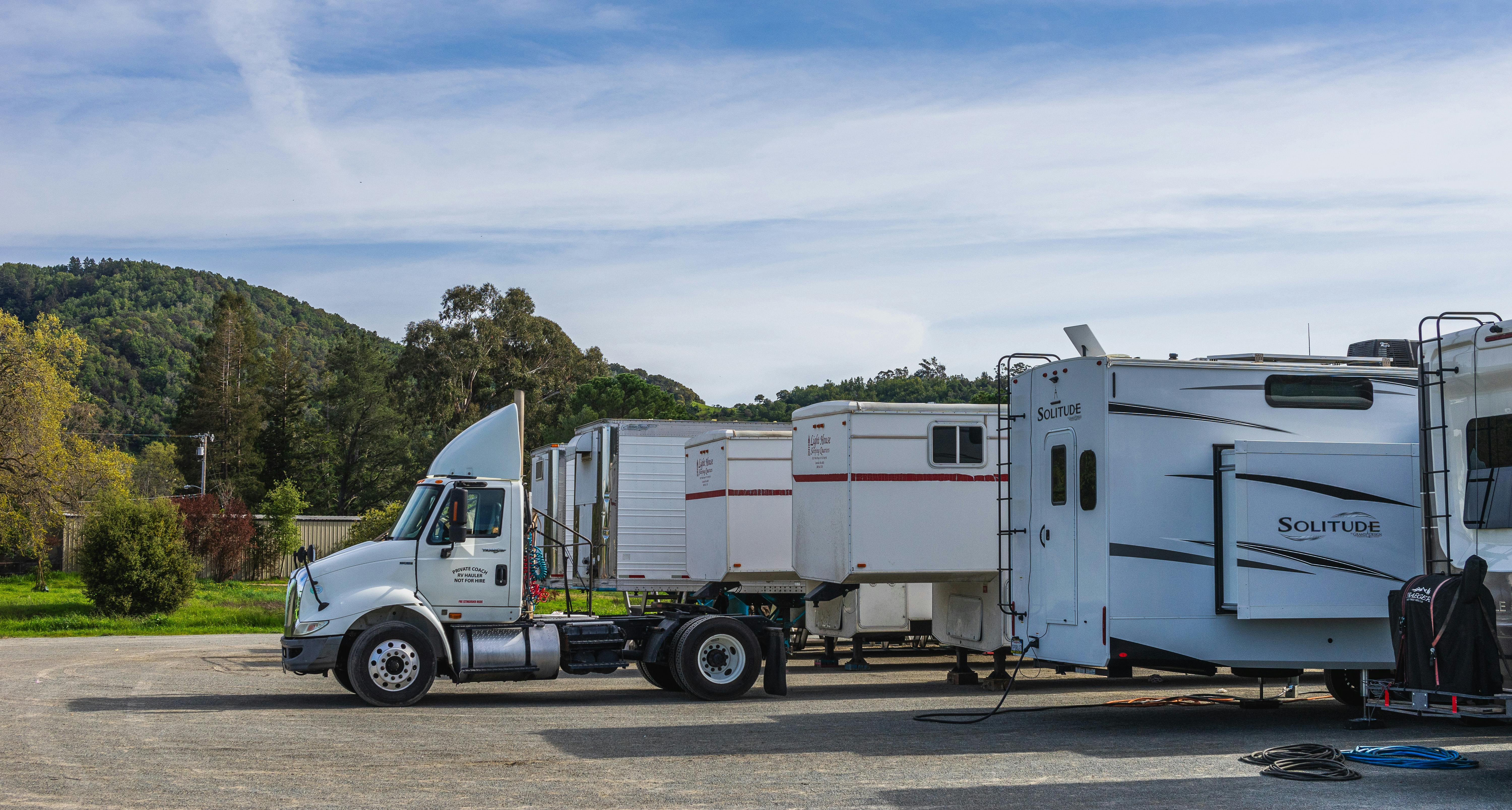 Truck and Trailers on a Car Park in a Countryside