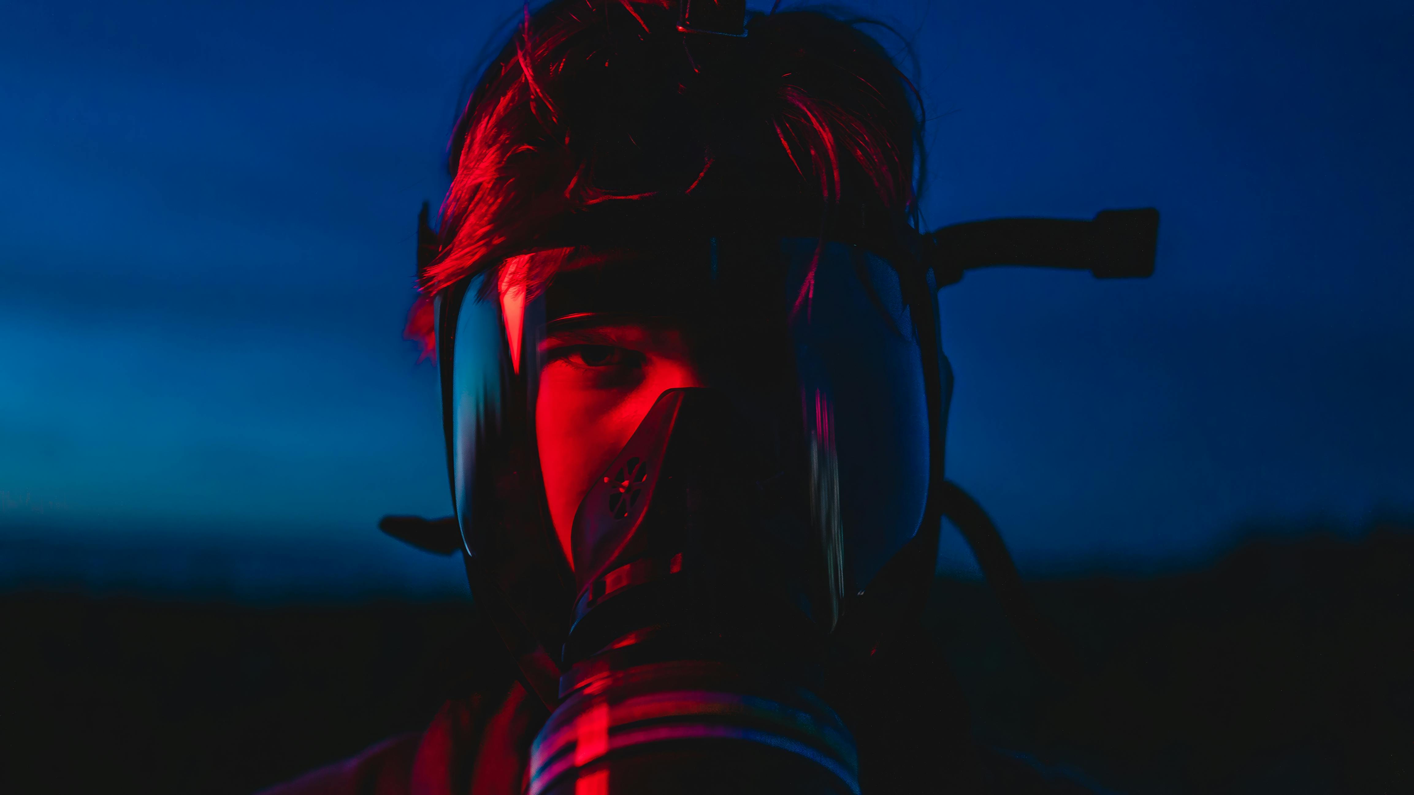 Man in Gas Mask at Night