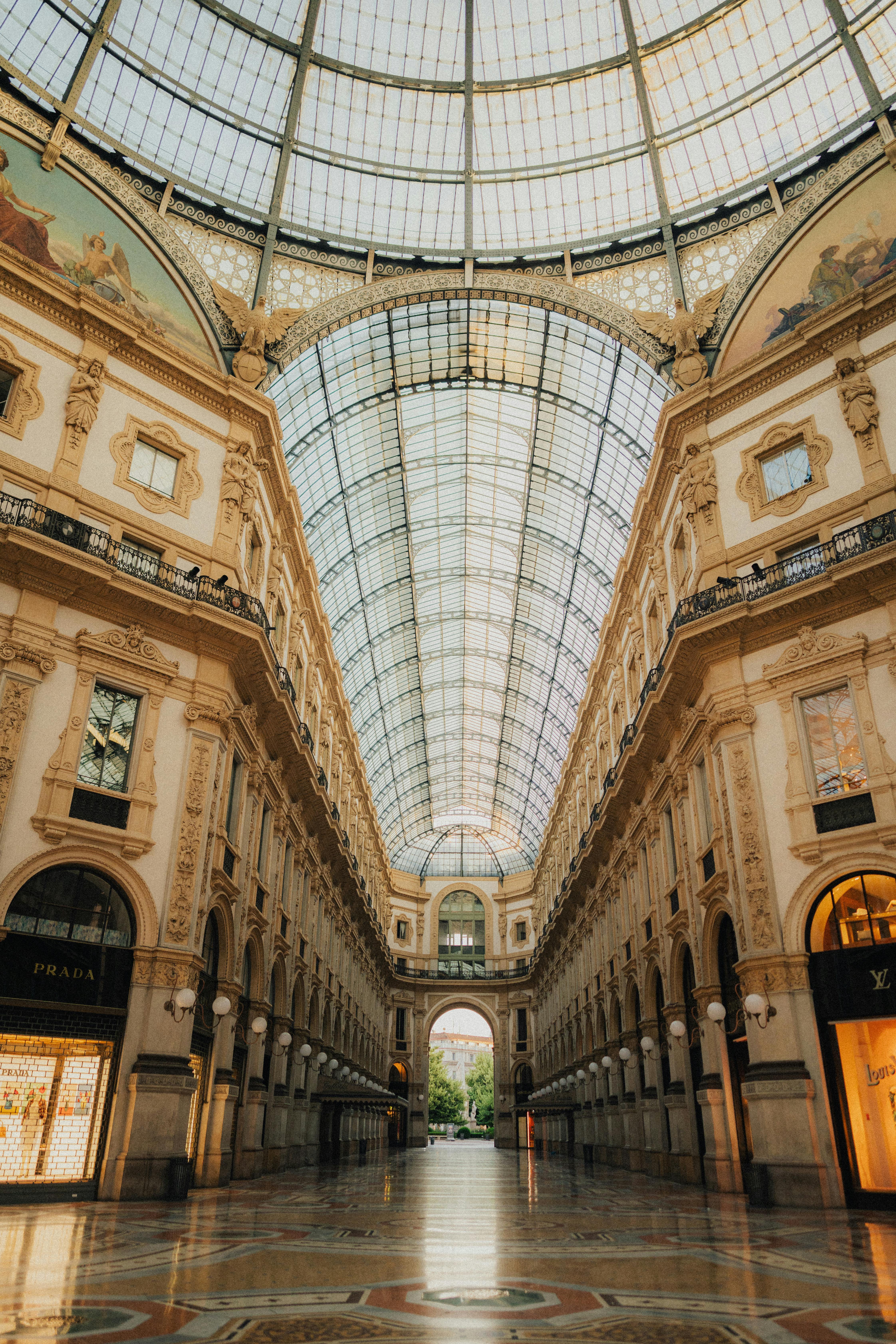 View of Empty Galleria Vittorio Emanuele II in Milan, Lombardy, Italy 
