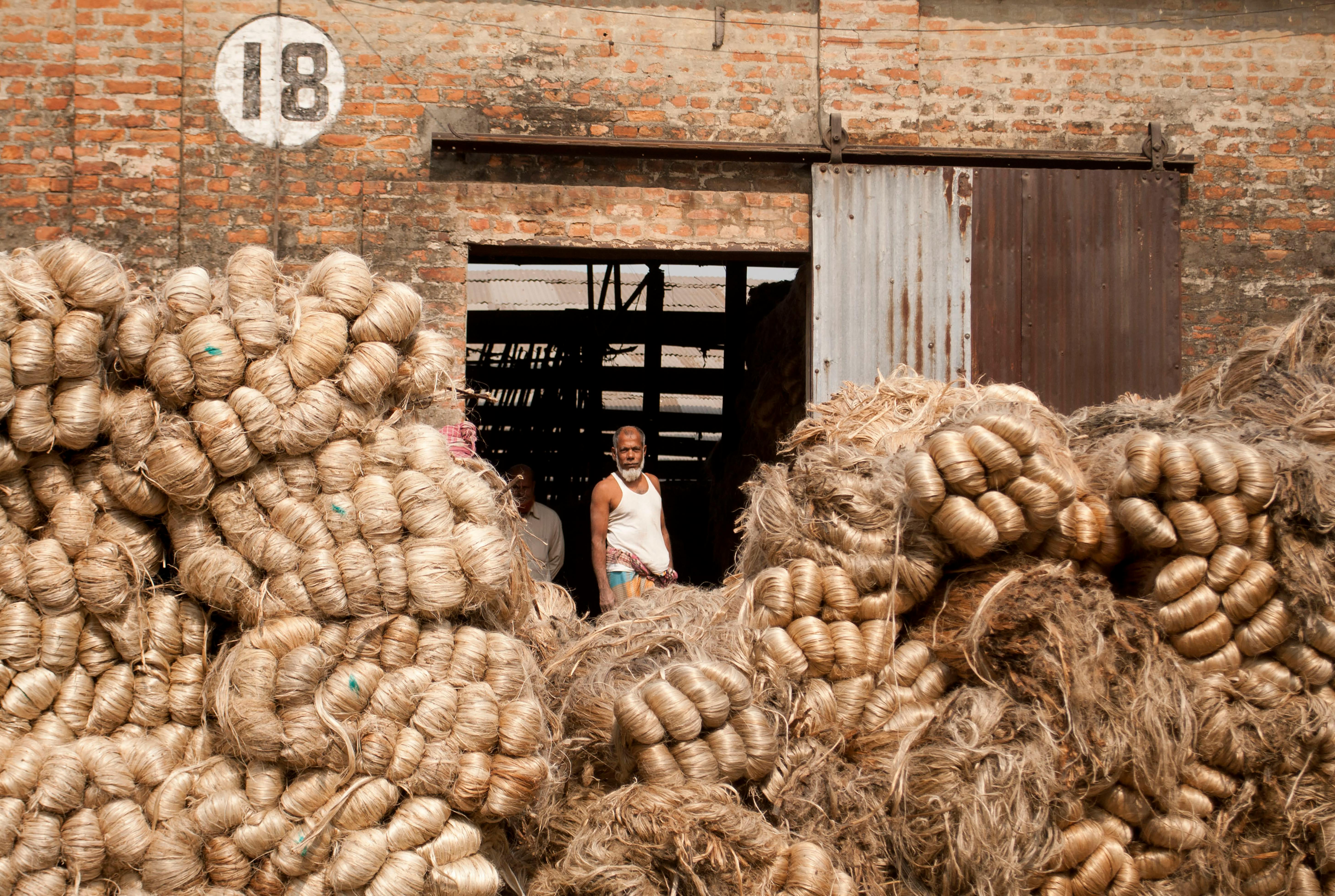 Worker Standing Behind Jute Fibres in Factory