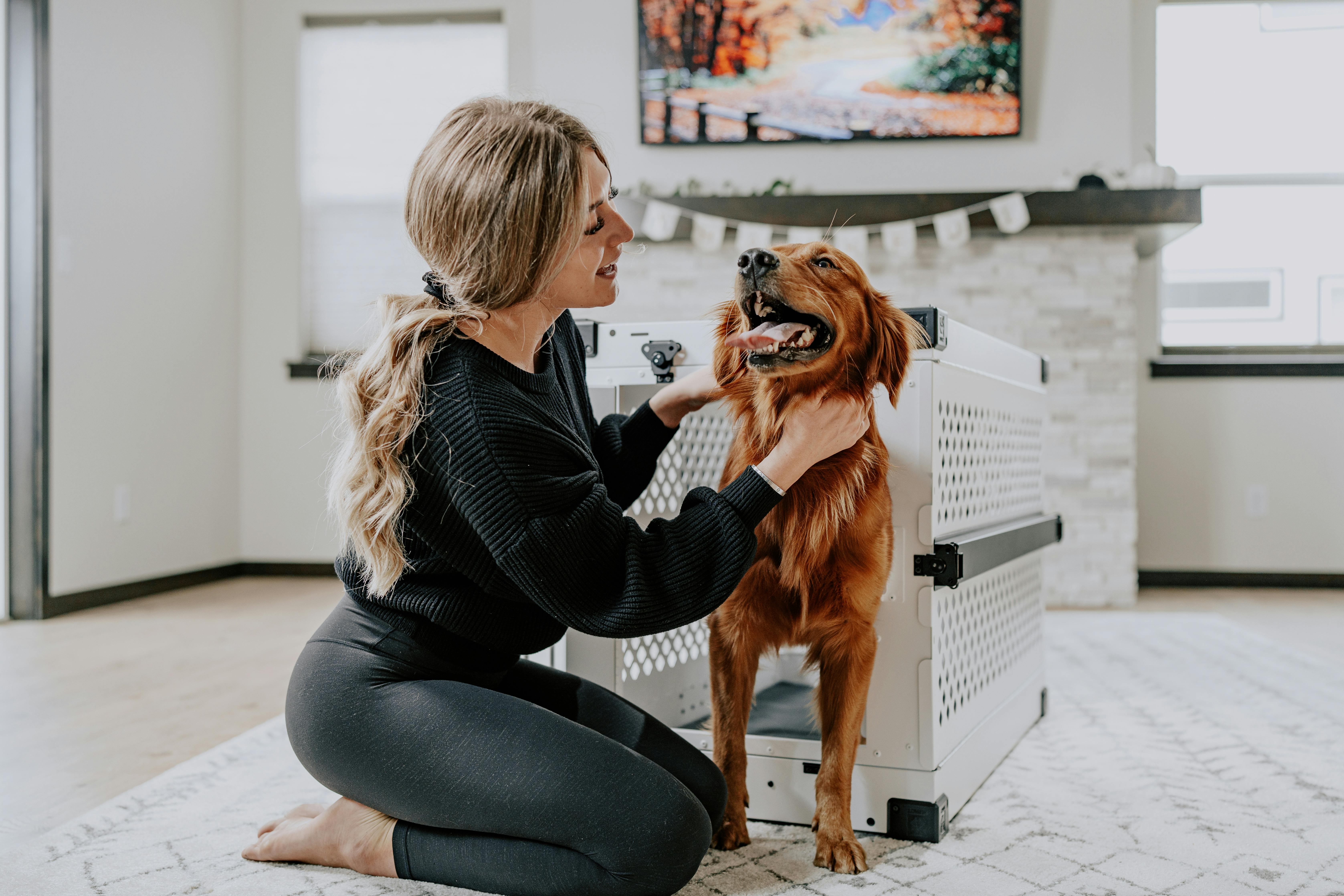 Beautiful Blonde in Yoga Sportswear with Golden Retriever: Impact’s Collapsible White Dog Crate