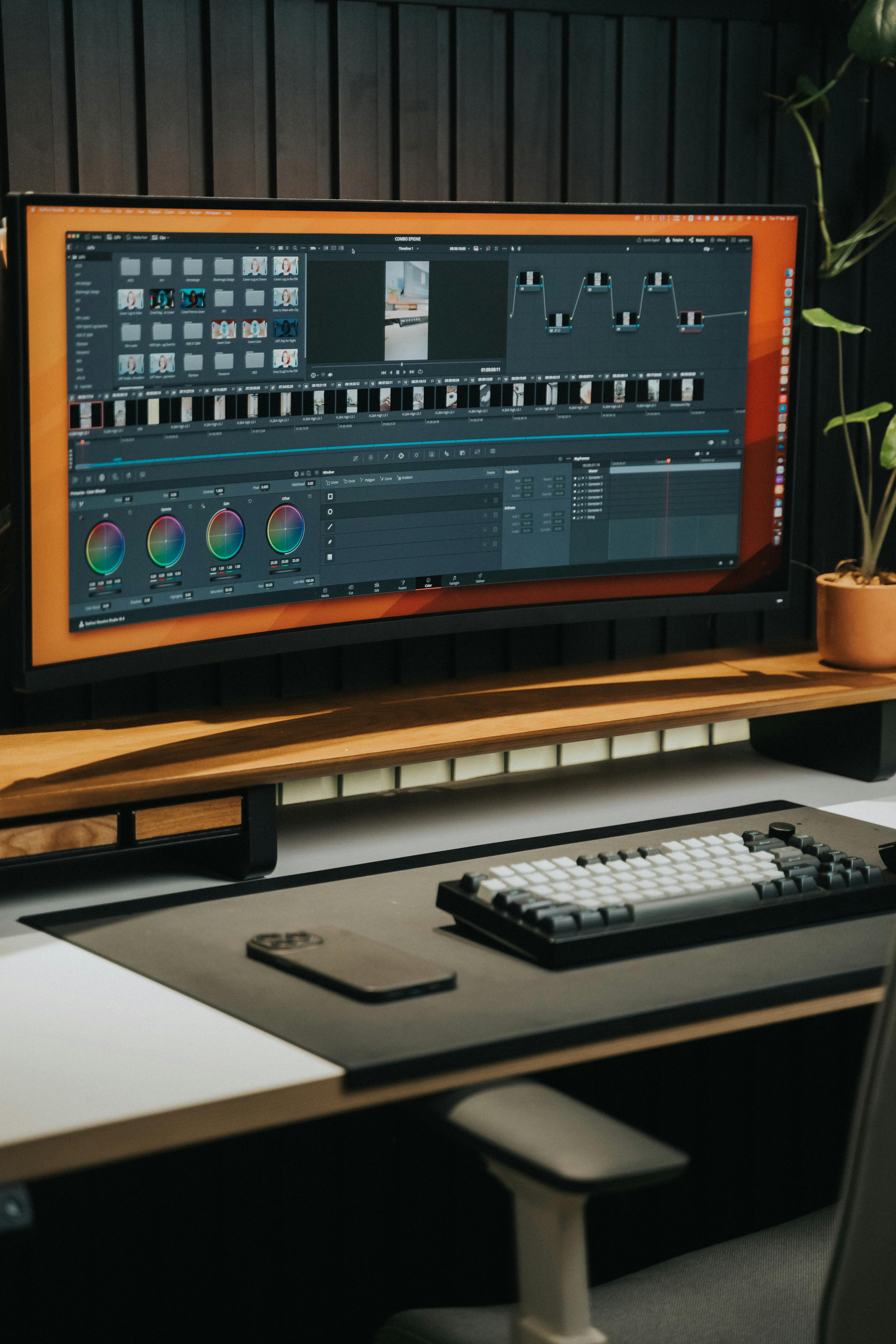 Modern Video Editing Setup with Ultrawide Monitor