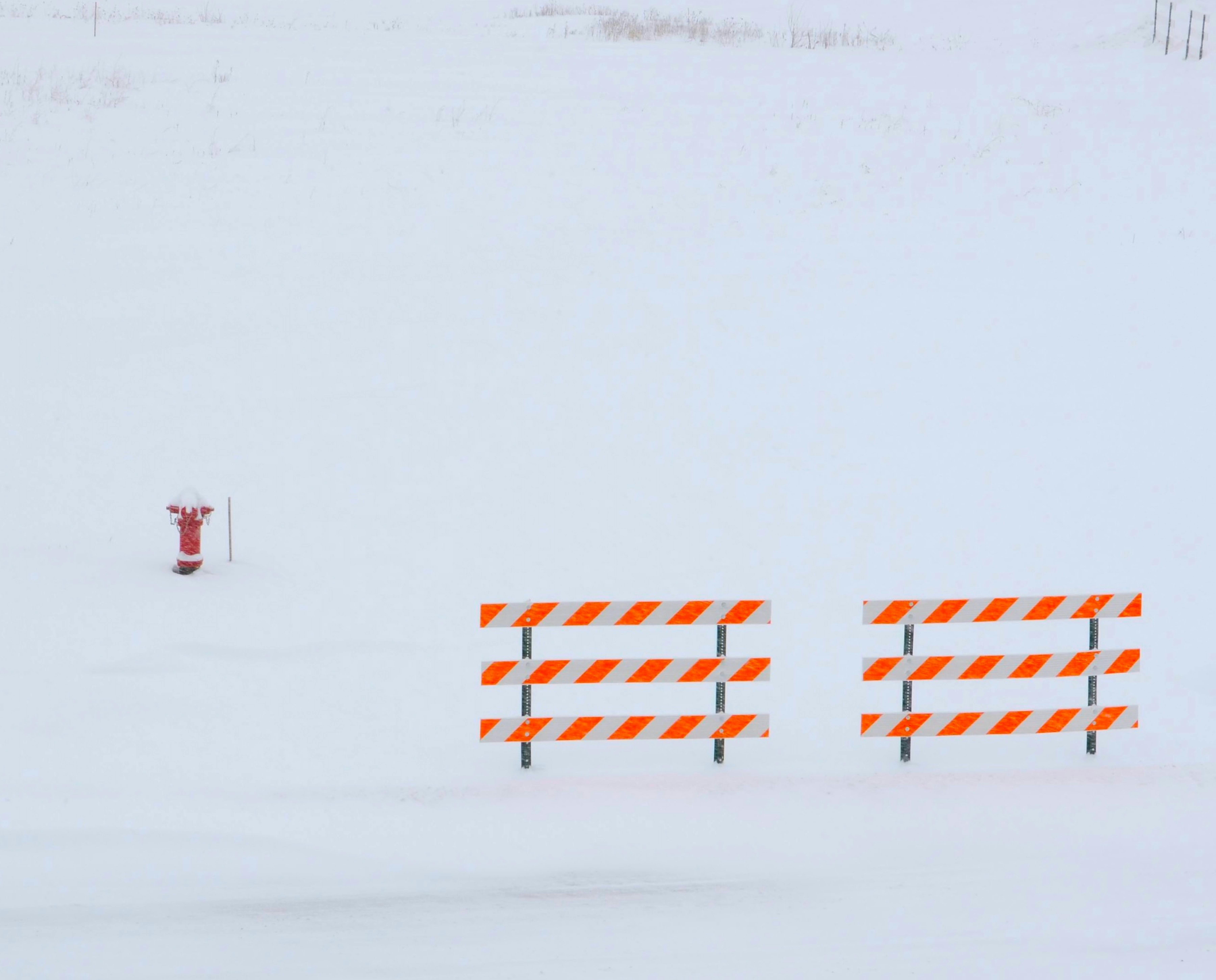 Snow Blizzard construction markers, hazards, fire hydrant