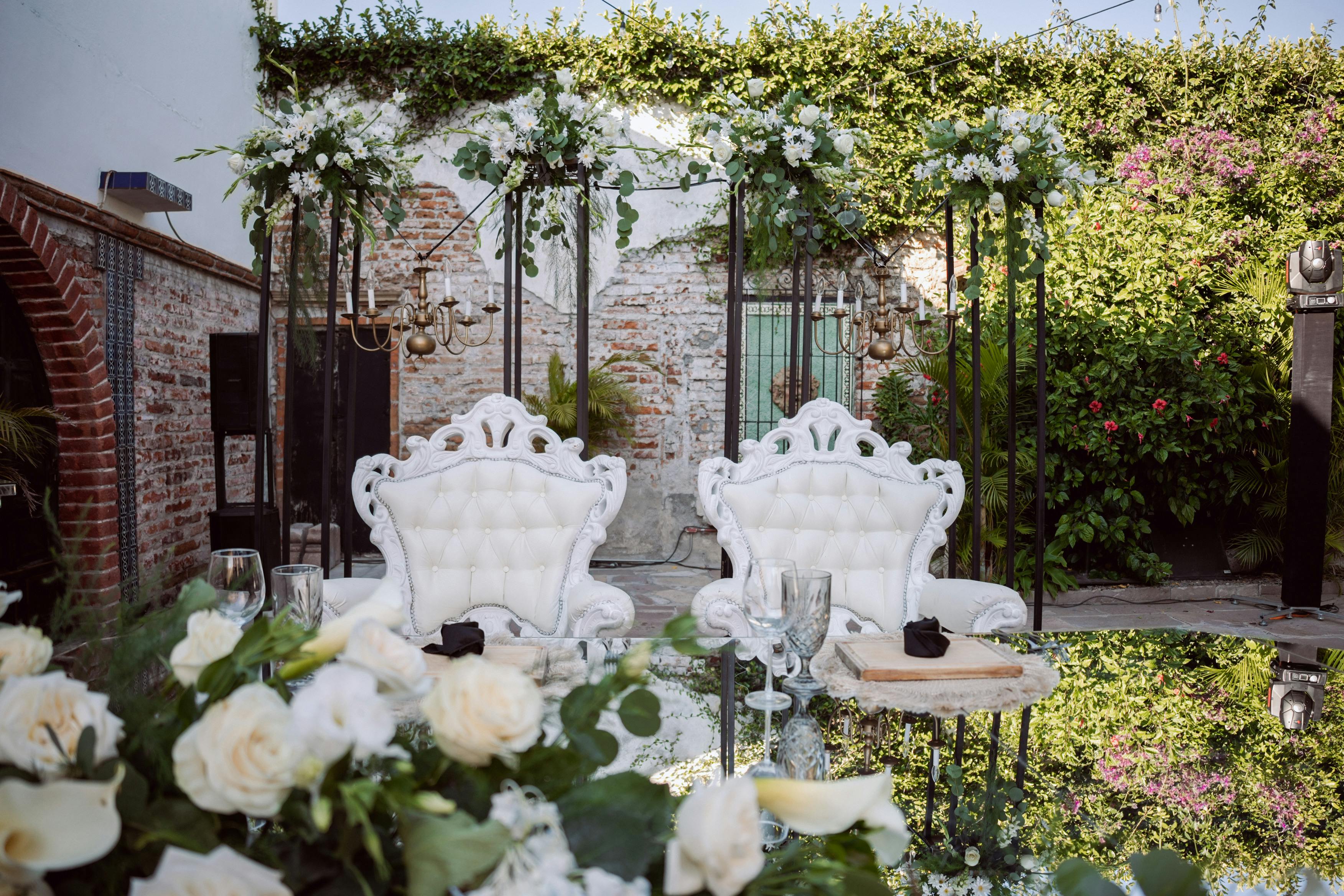 Elegant Outdoor Wedding Reception Setup with Floral Decor