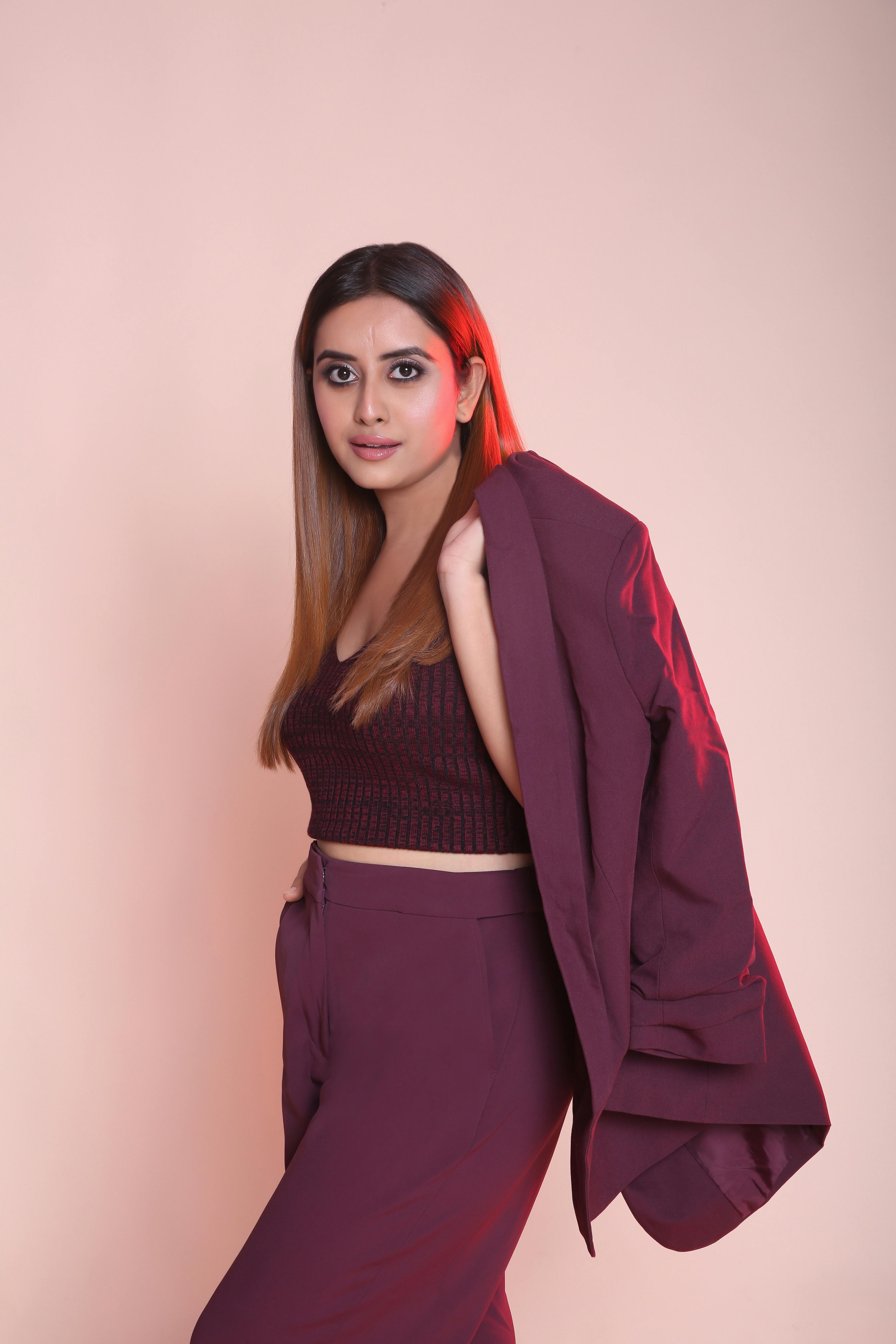 Fashionable Woman in Burgundy Outfit Portrait