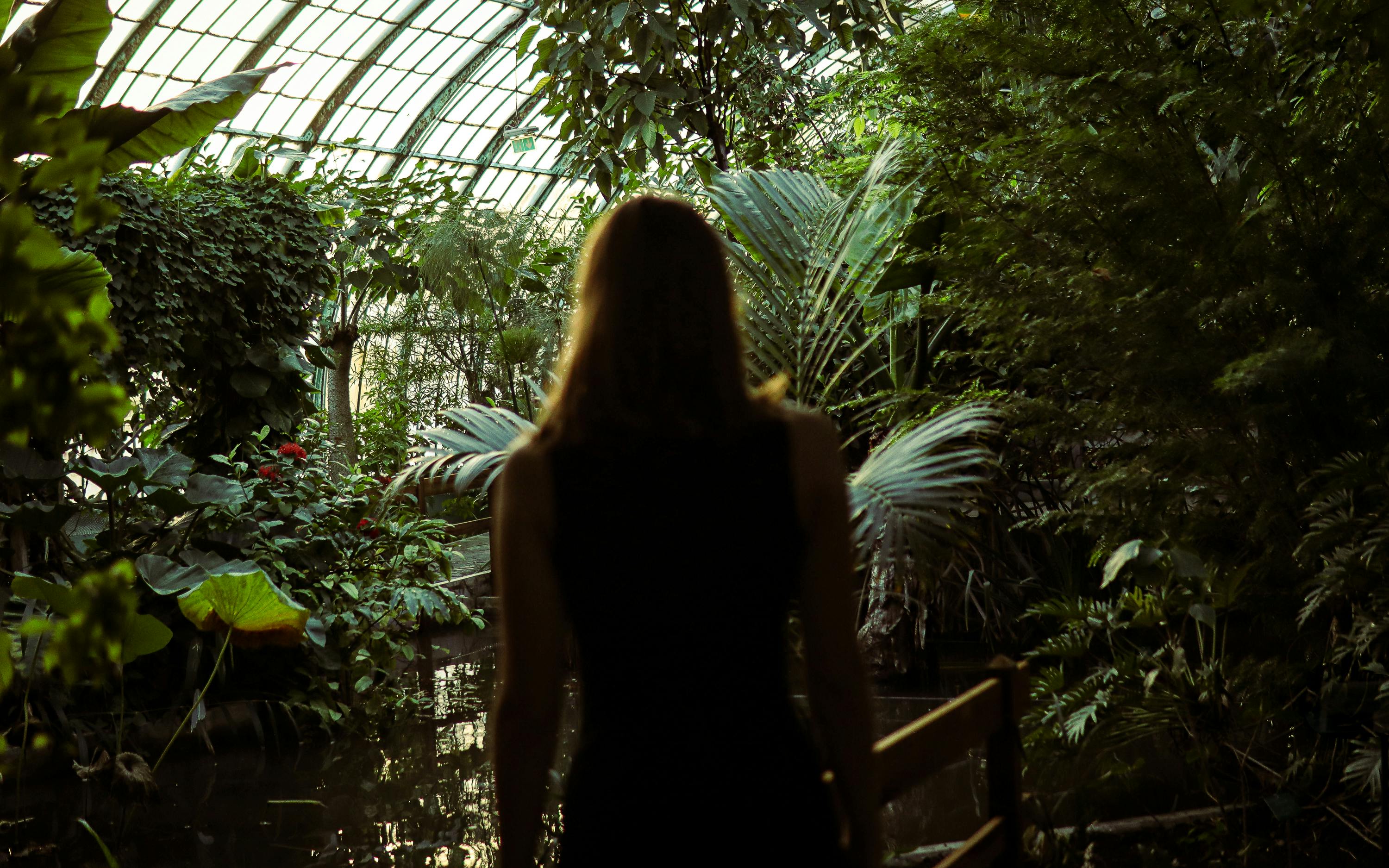 A woman is watching the greenhouse scenery from behind