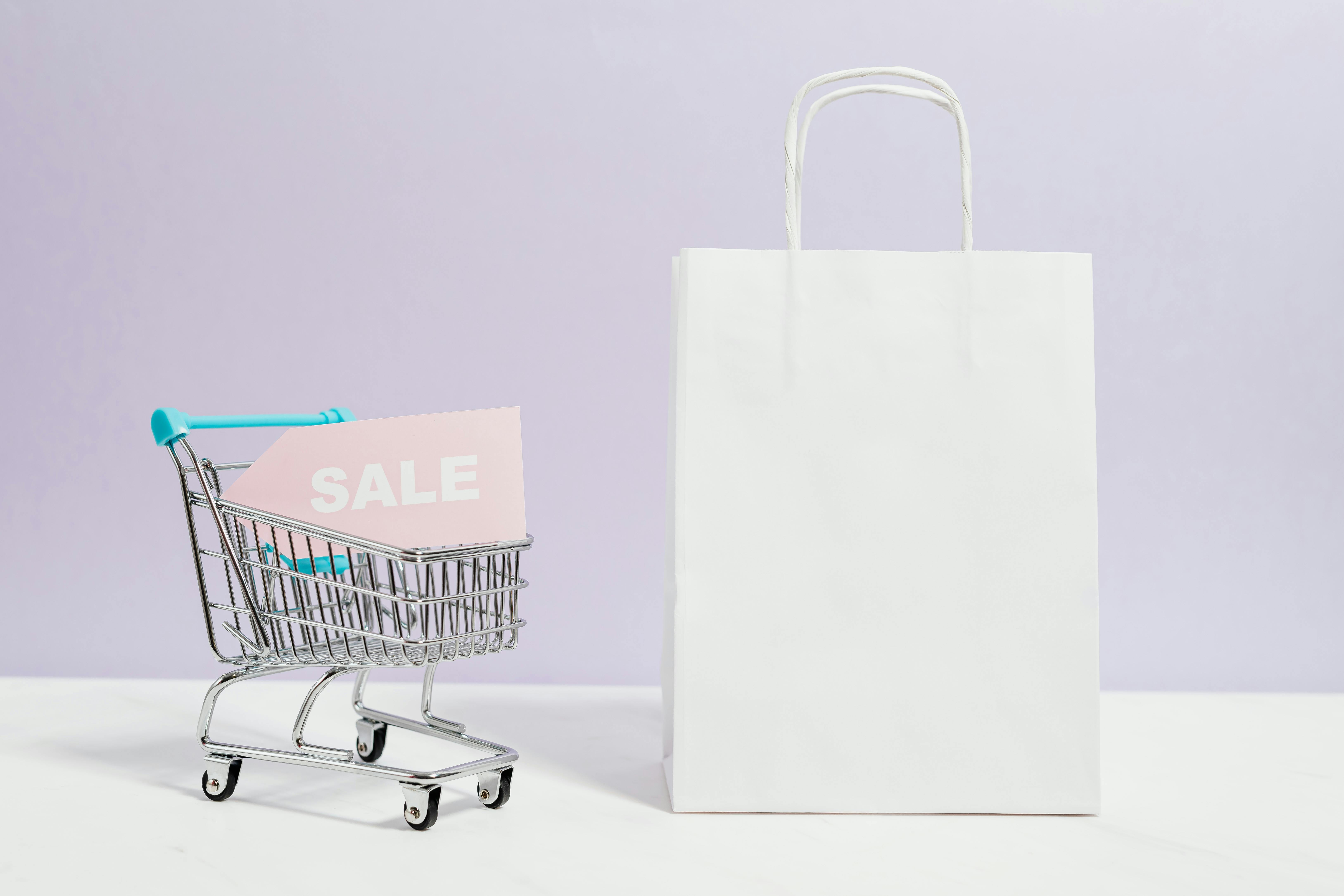 Sale Sign In A Miniature Shopping Cart And Paper Bag