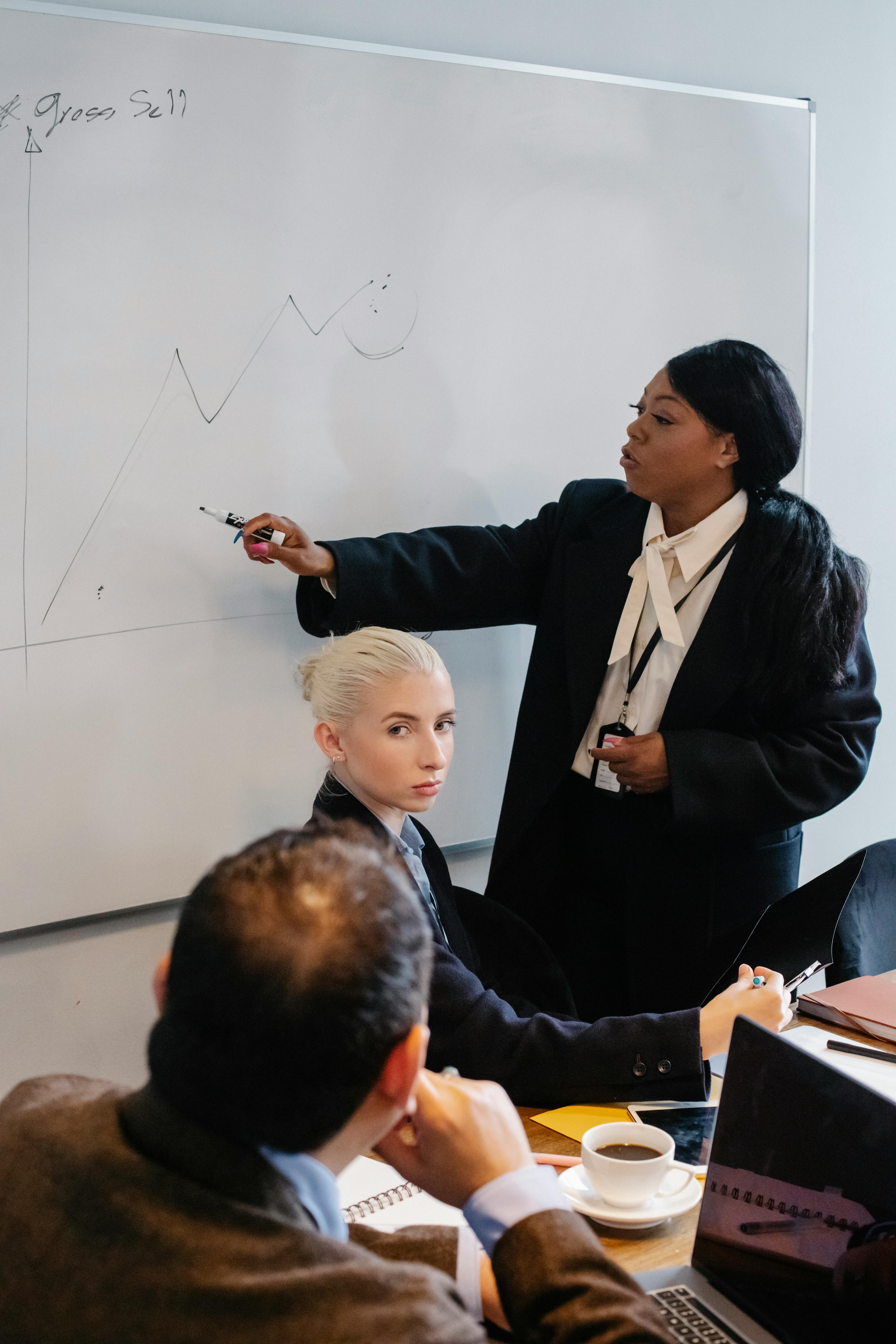 Concentrated African American female manager reporting analytic data for diverse colleagues gathering in conference room