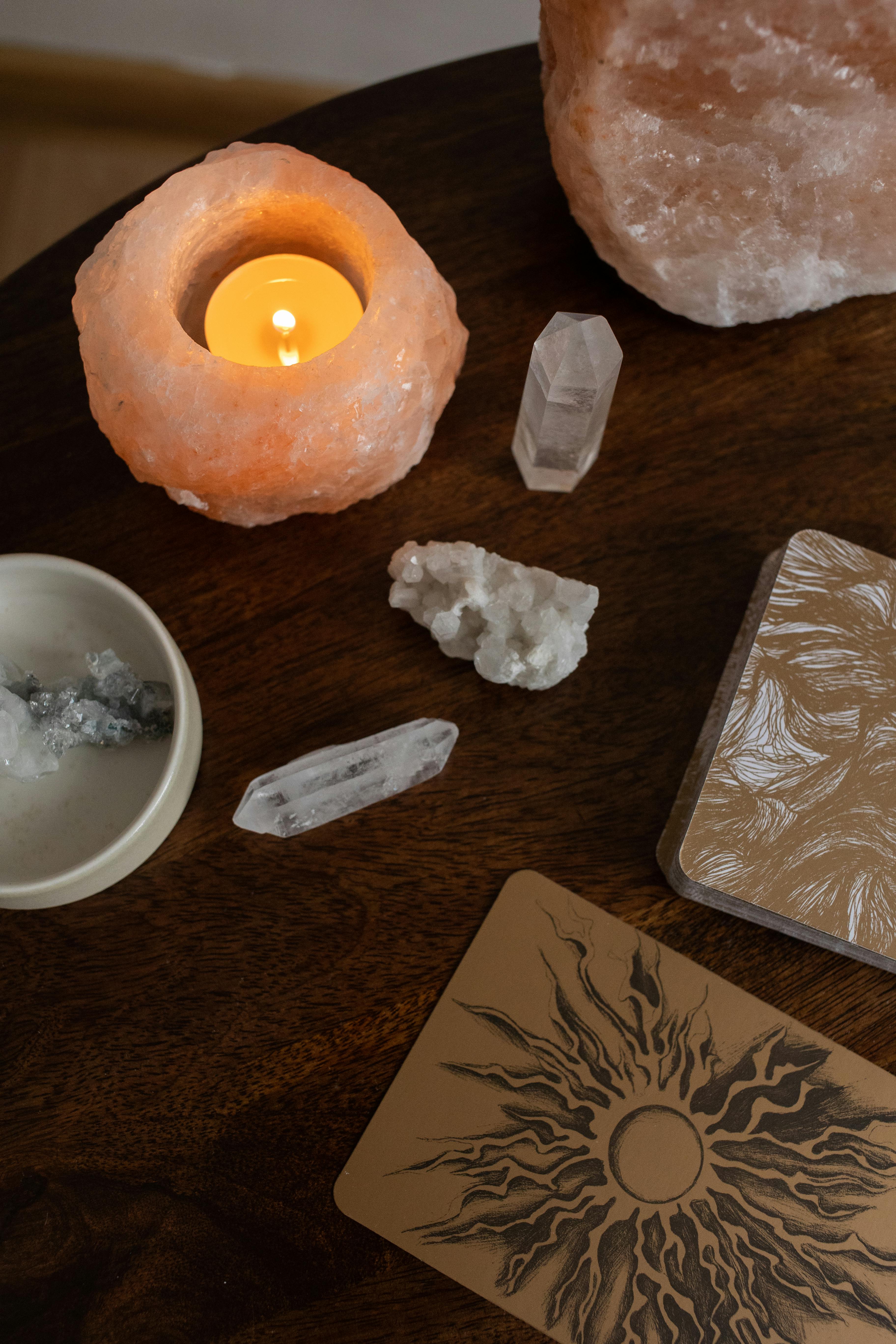 Crystals and a Candle on a Table