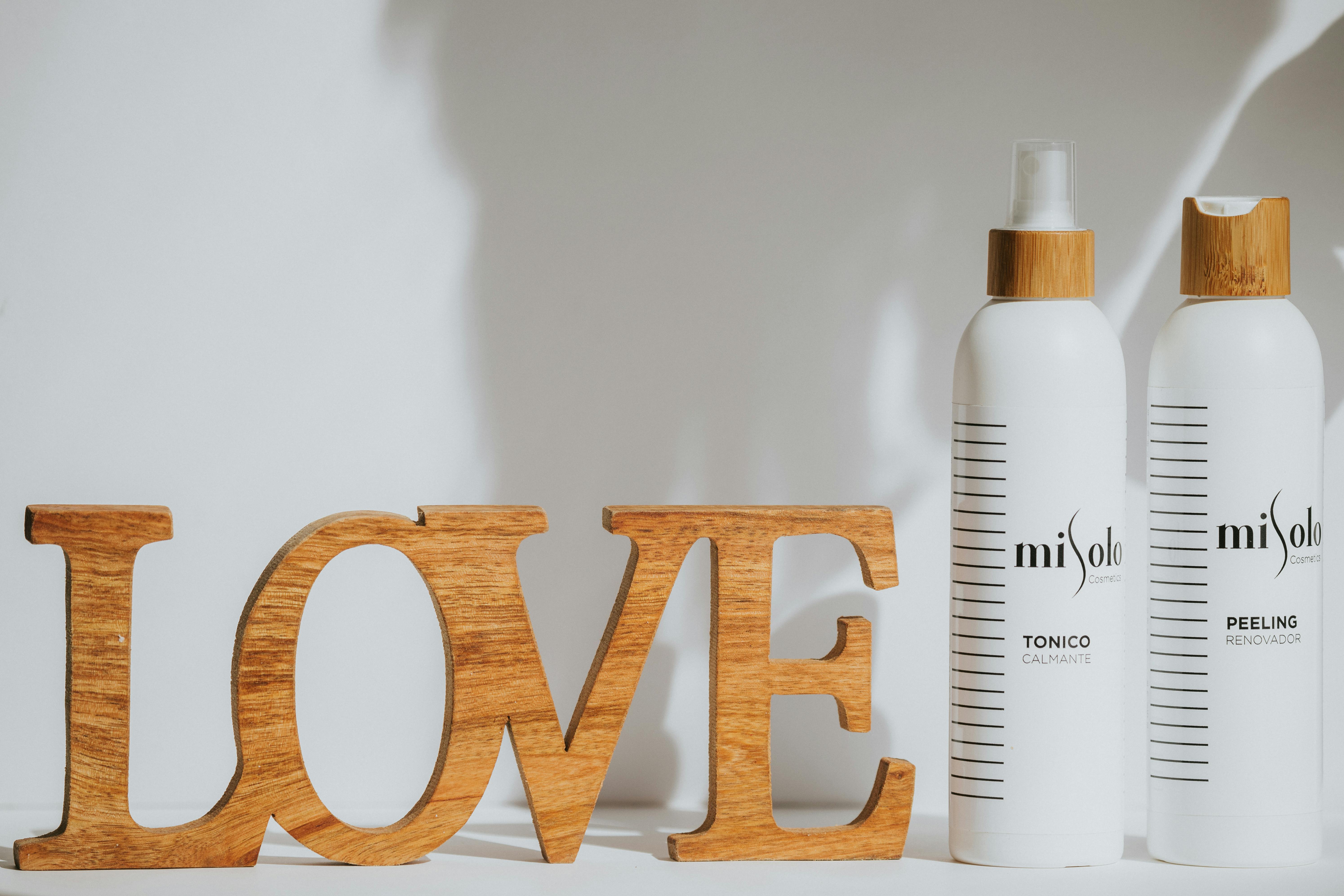 Wooden Love Sign next to Misolo Skin Care Products