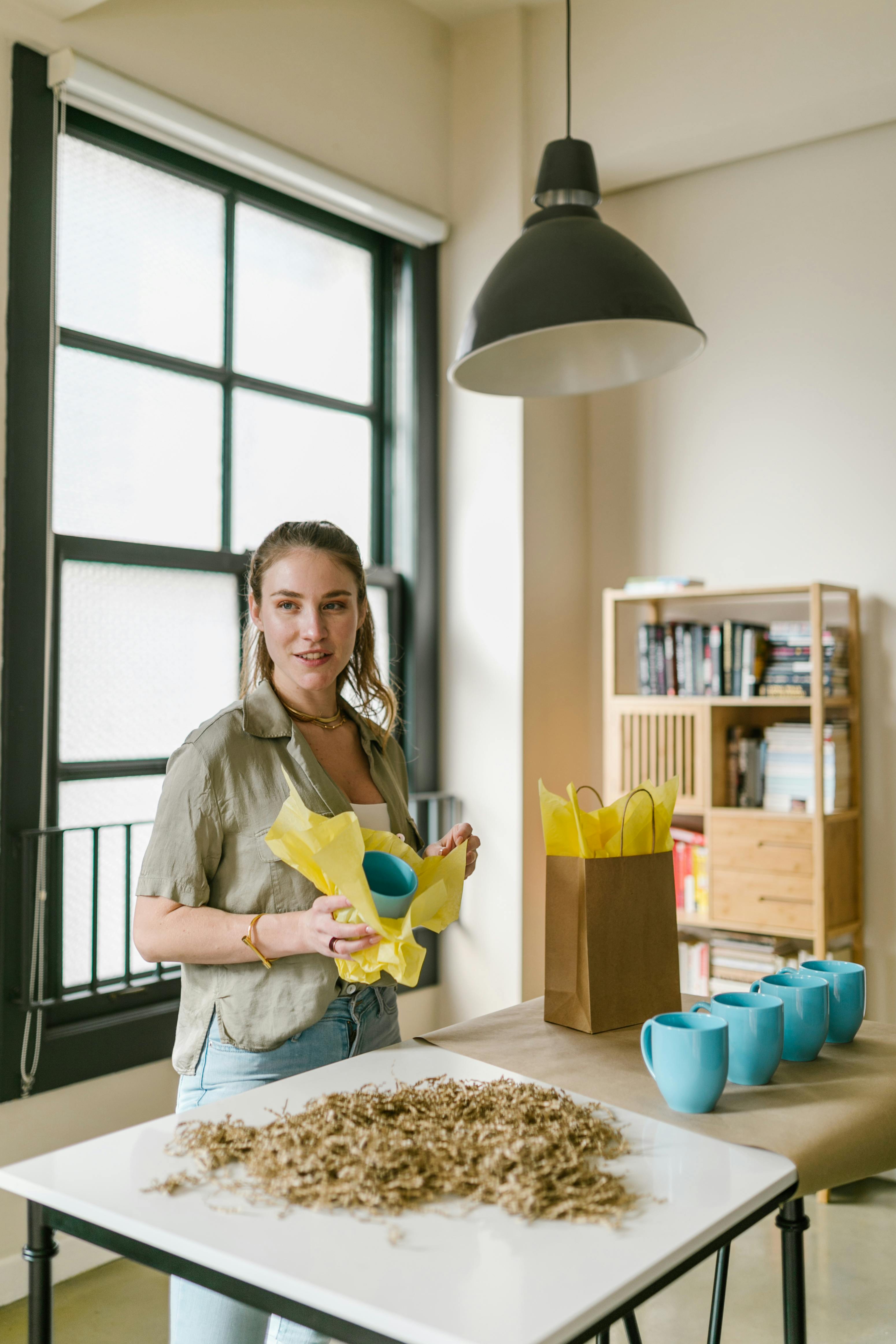 Woman Wrapping Blue Cup into Yellow Paper