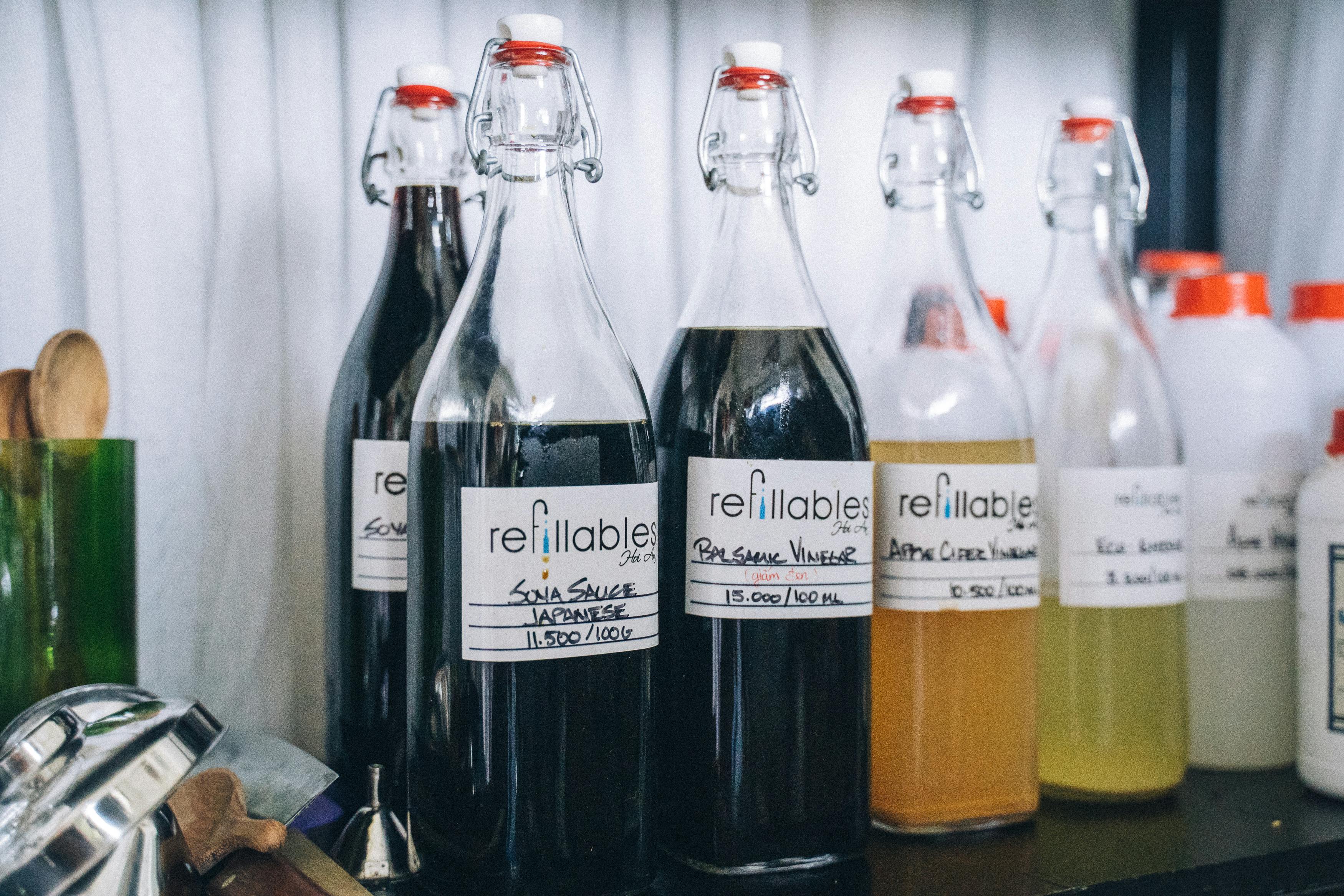 Refillables Liquid Bottles in a Shelf