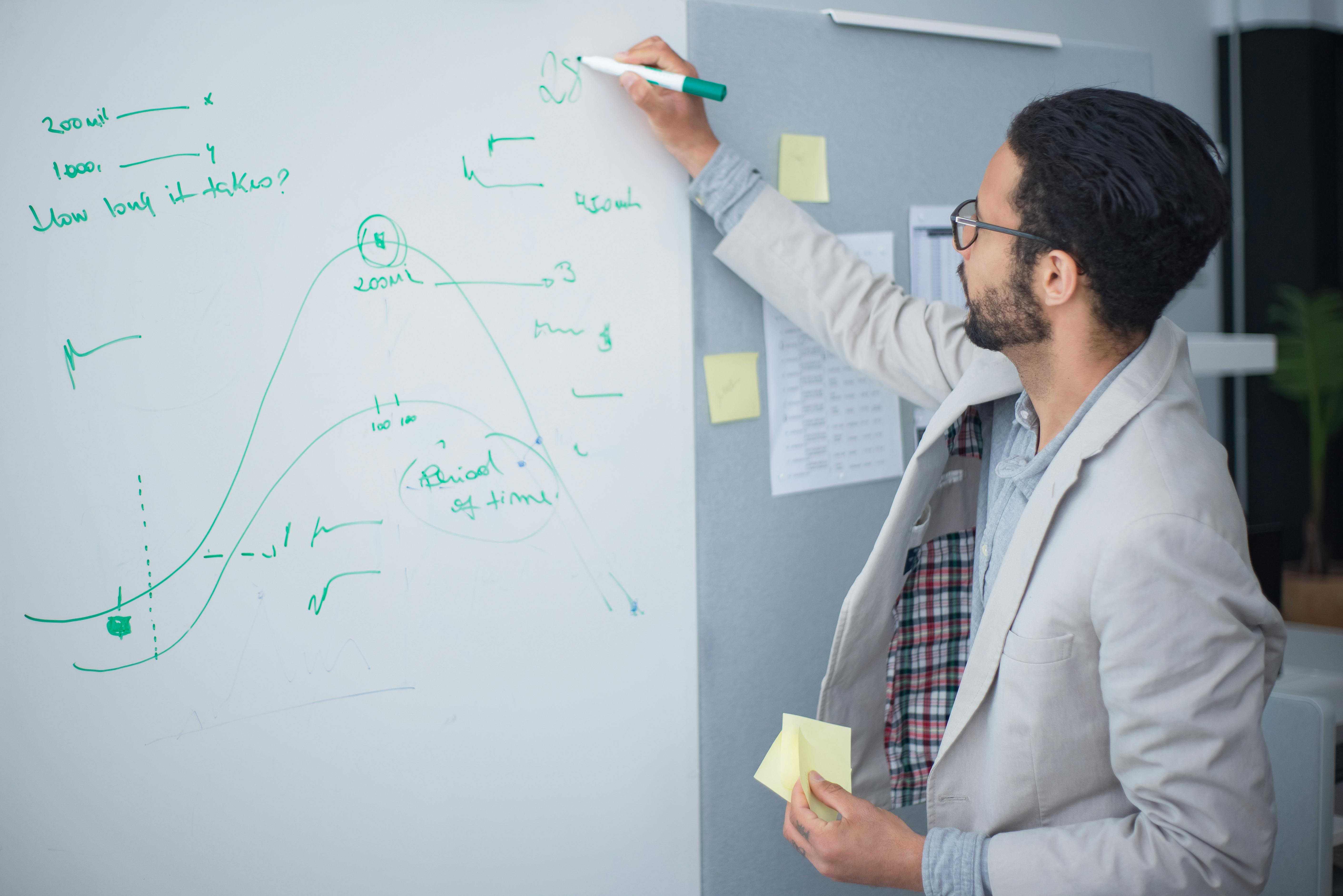 A man in a gray suit jacket writing on a whiteboard