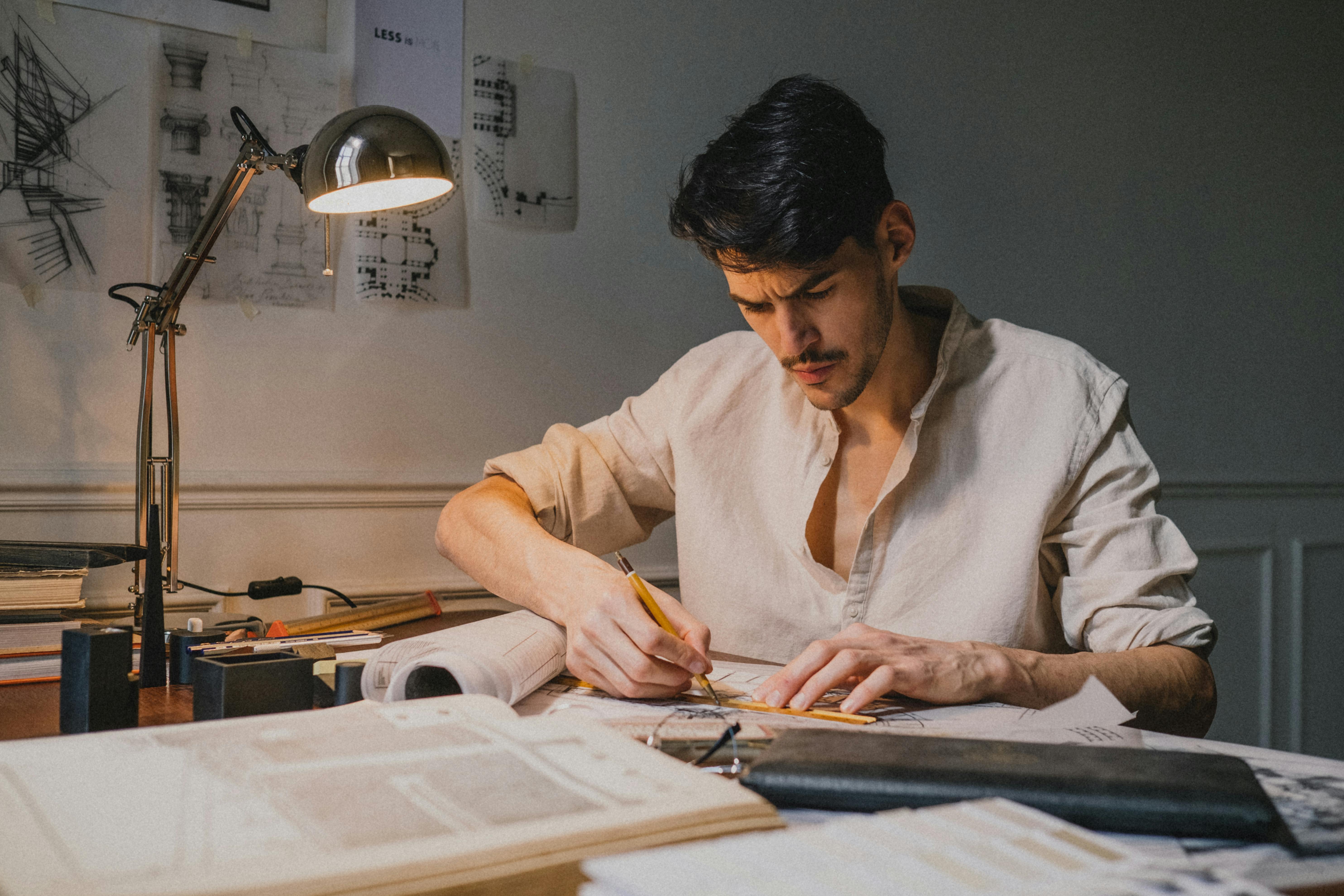 Adult man sitting and drawing
