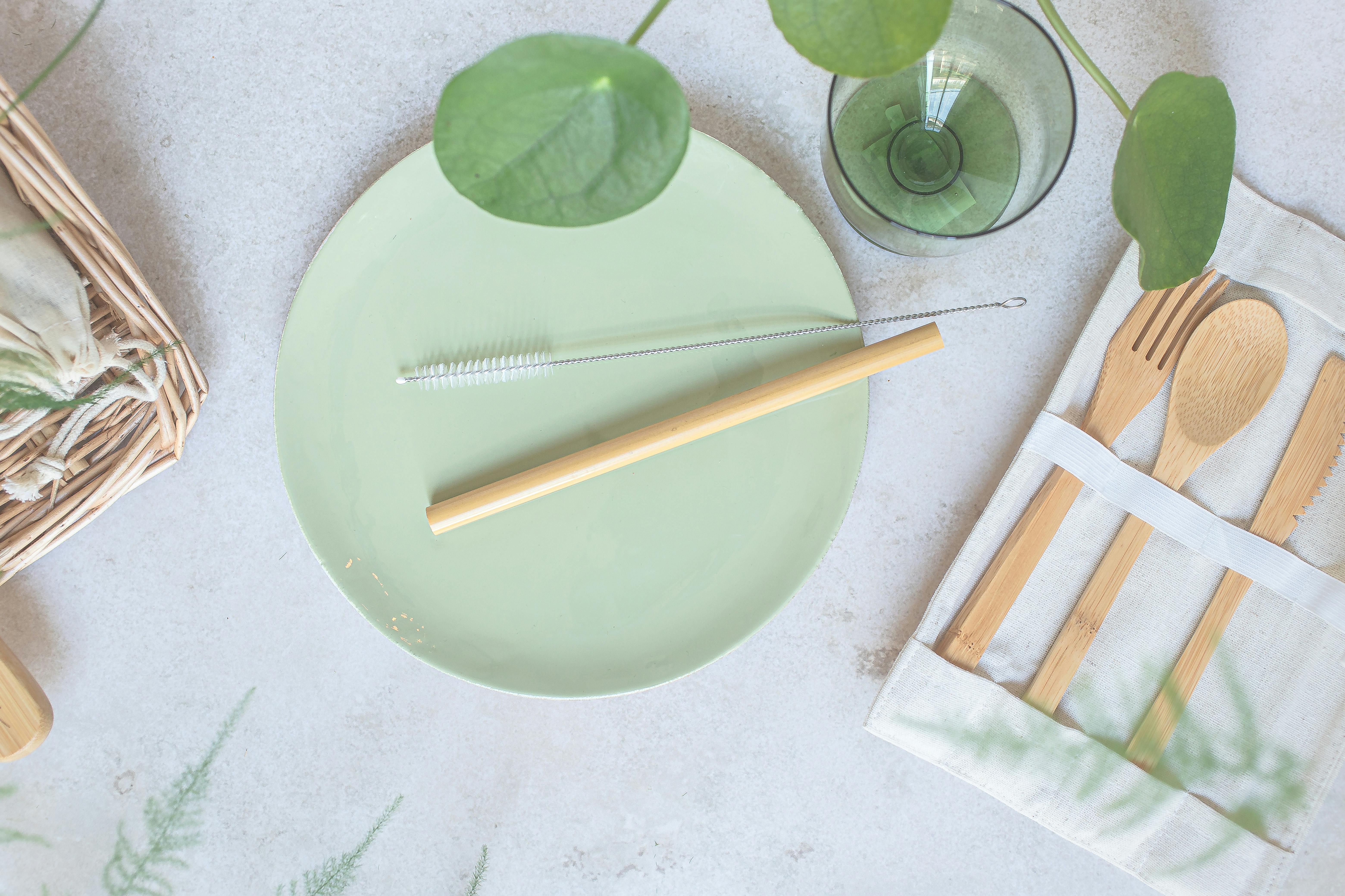Directly Above View of Bamboo Cutlery and Plate