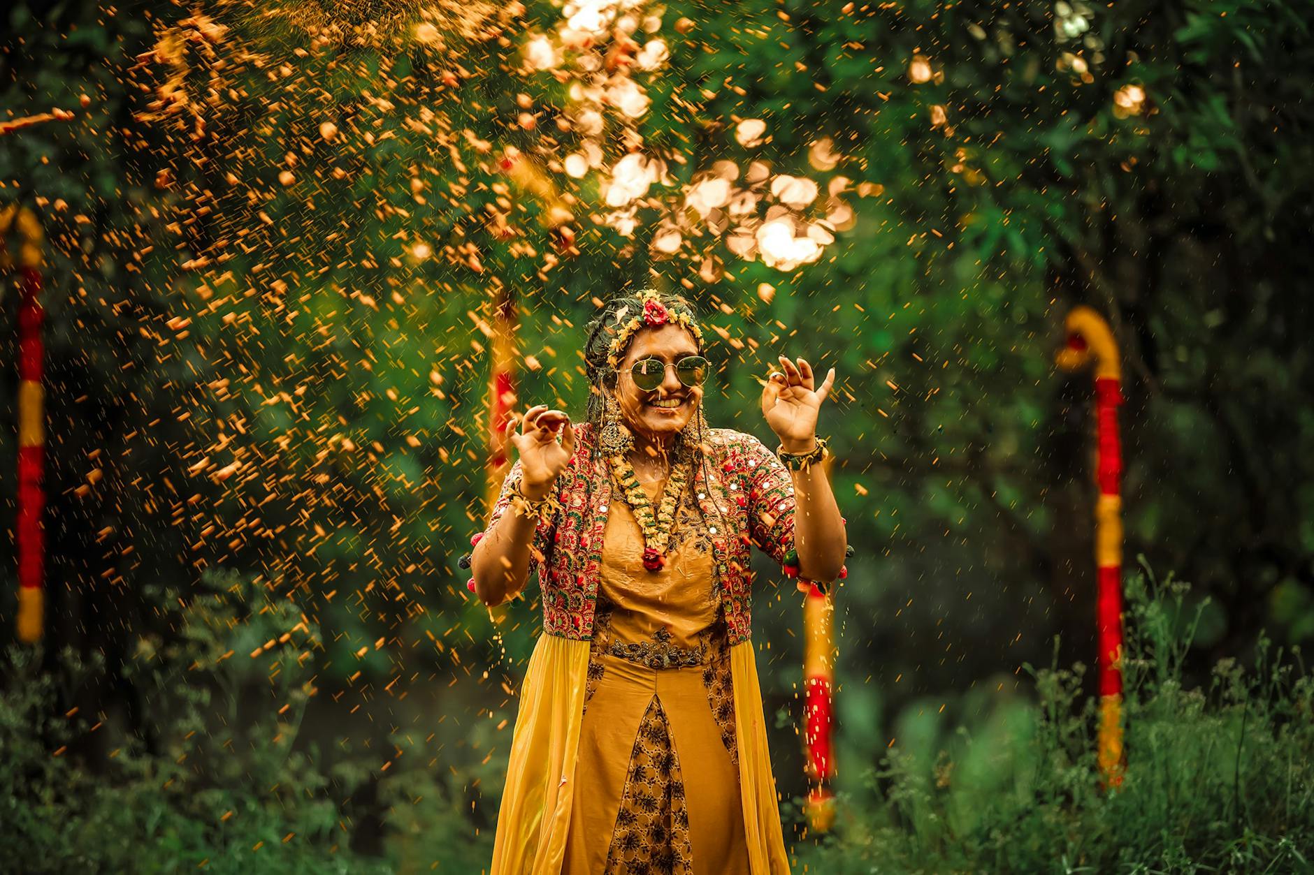 Smiling Woman in Traditional Dress during Ceremony in Nature