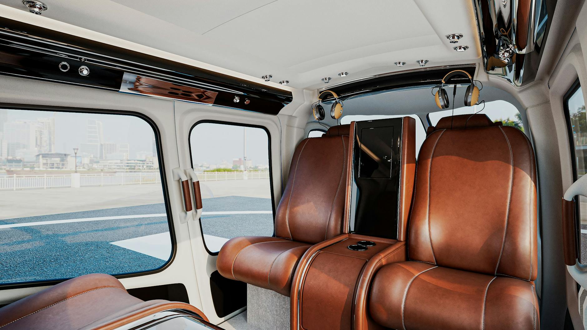 Interior of a Luxurious Helicopter with Brown Leather Seats