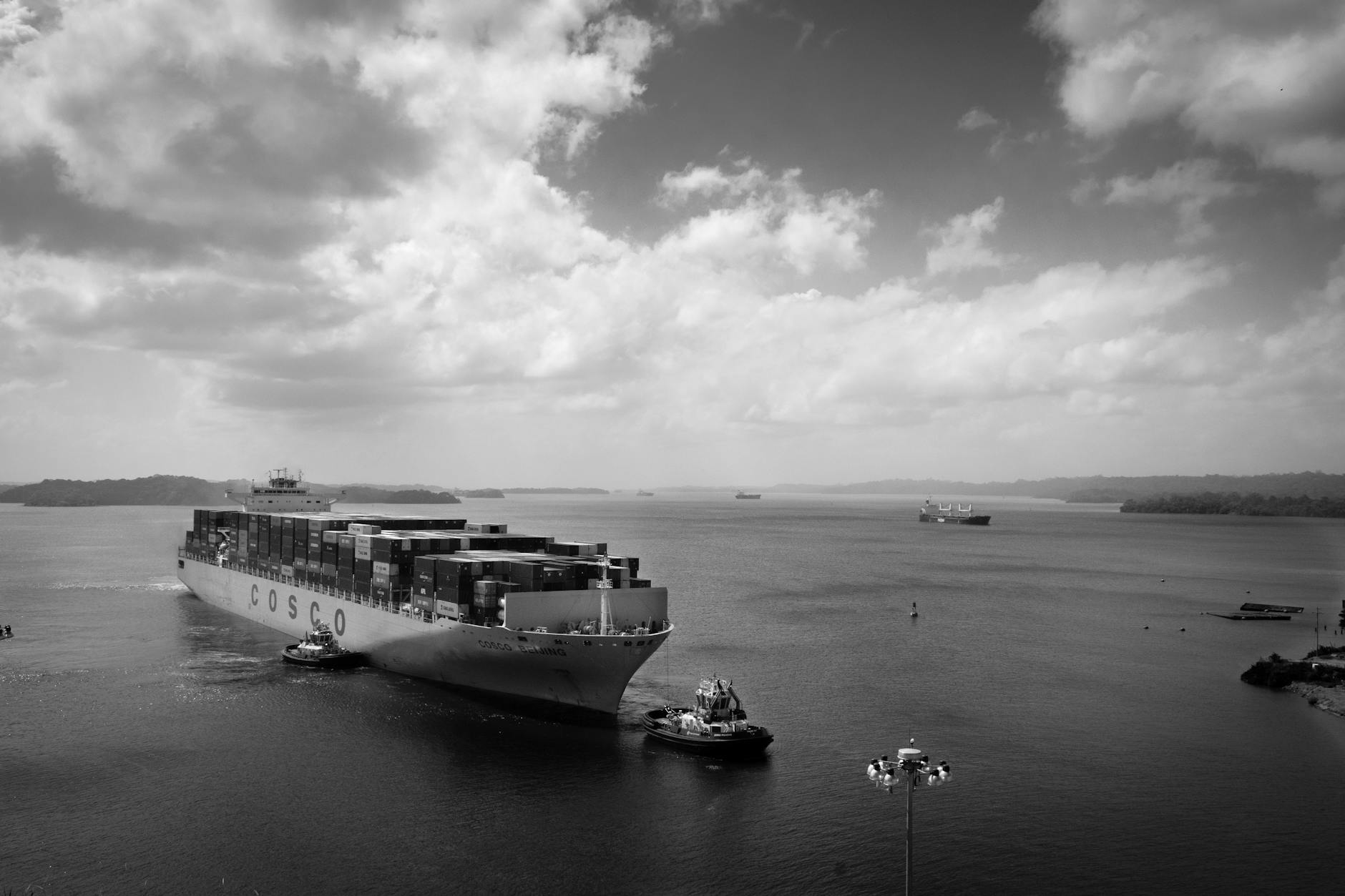 Big cargo ship floating on river