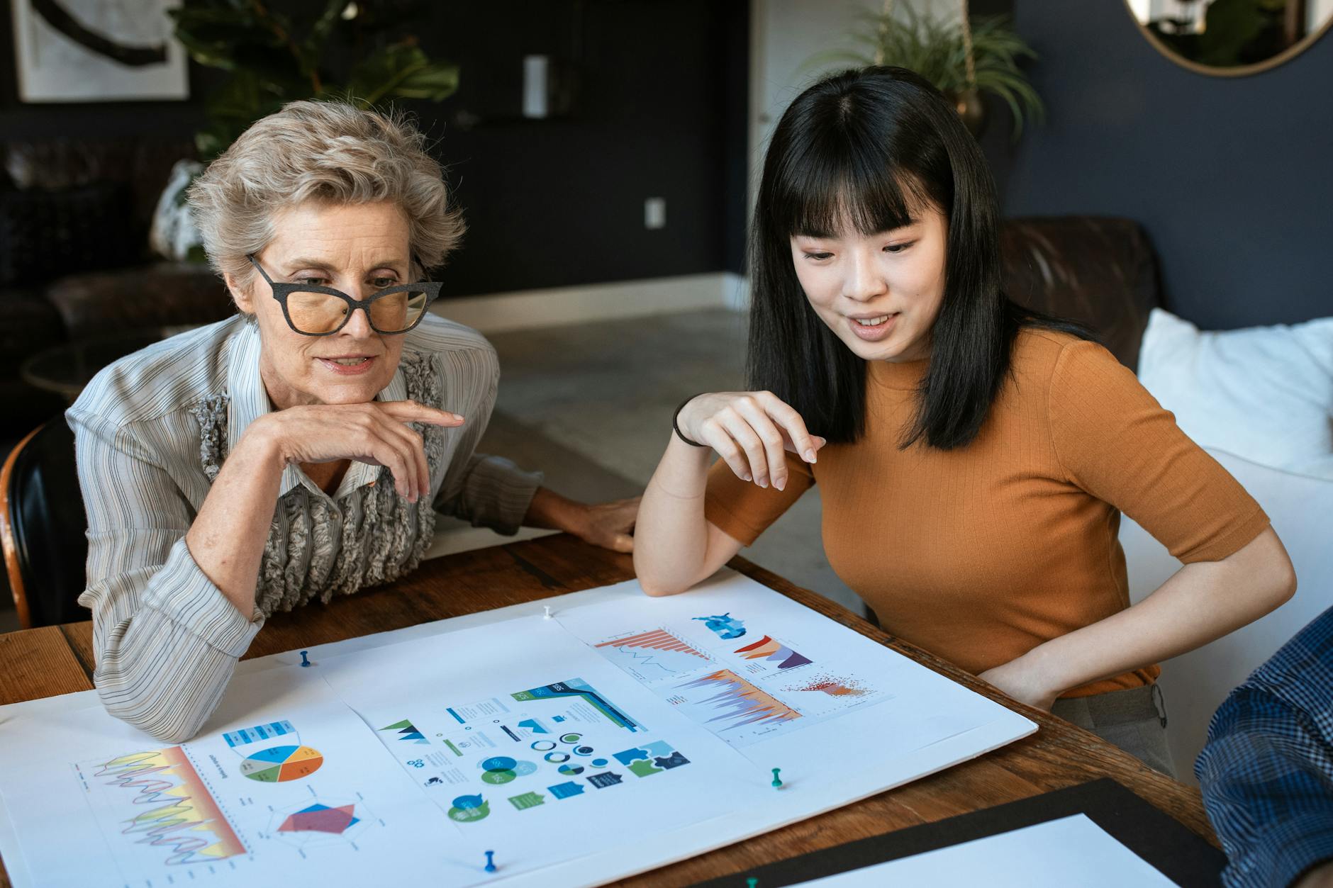 Woman in Orange Shirt Sitting Beside Woman in Black Framed Eyeglasses