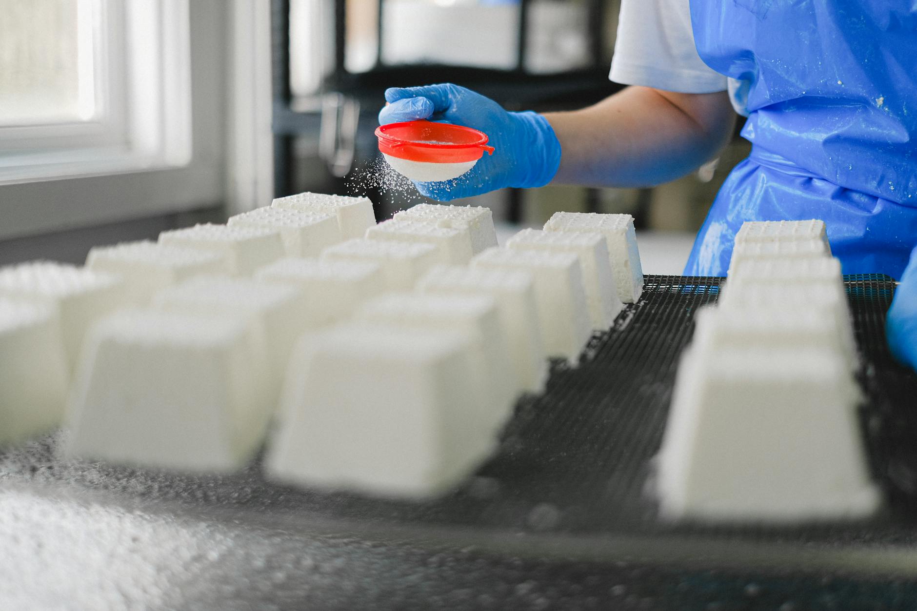 Close Up of Person Working in Cheese Factory