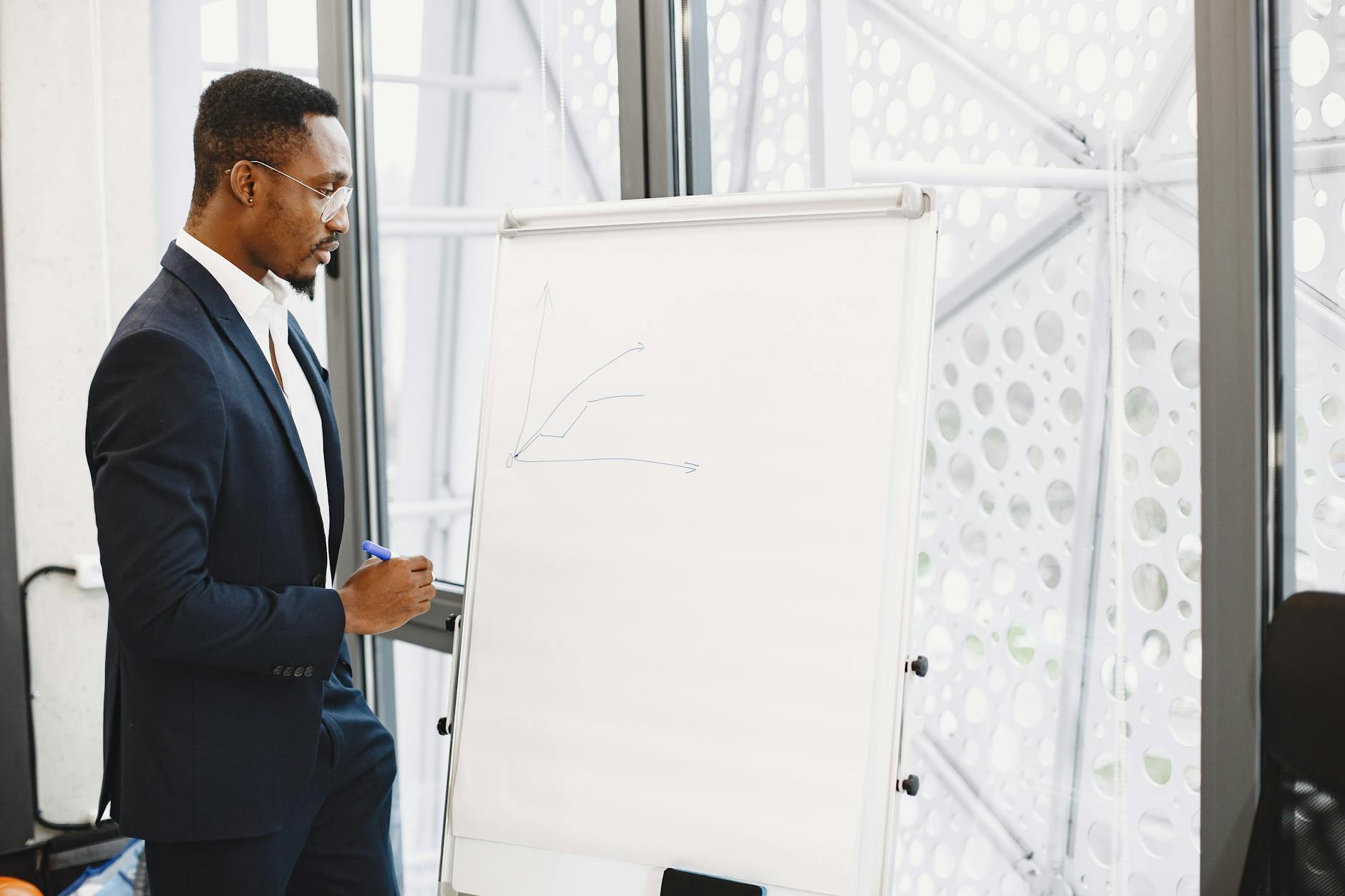 A business man in a suit drawing on a flipchart in a meeting