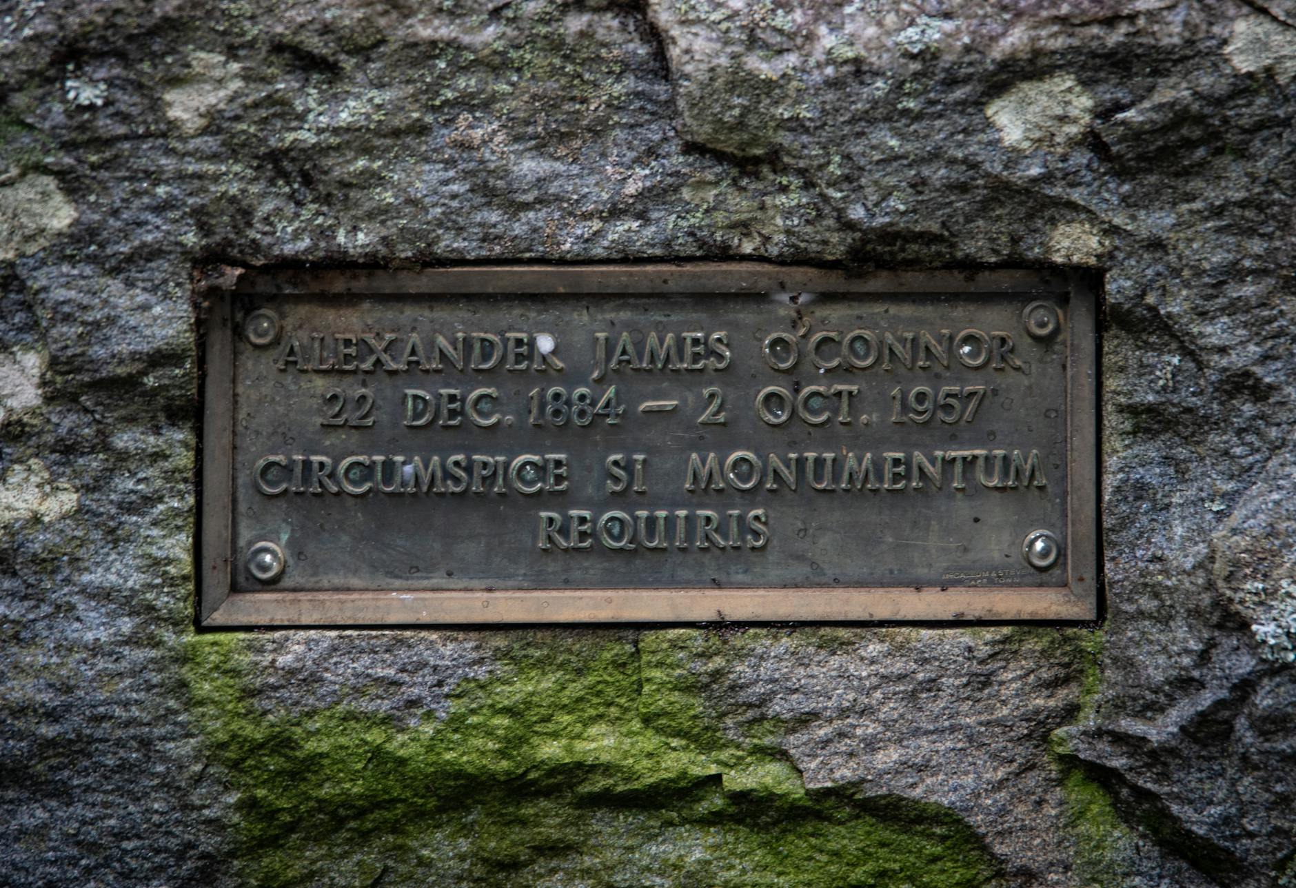 A Brass Grave Marker on a Mossy Tombstone