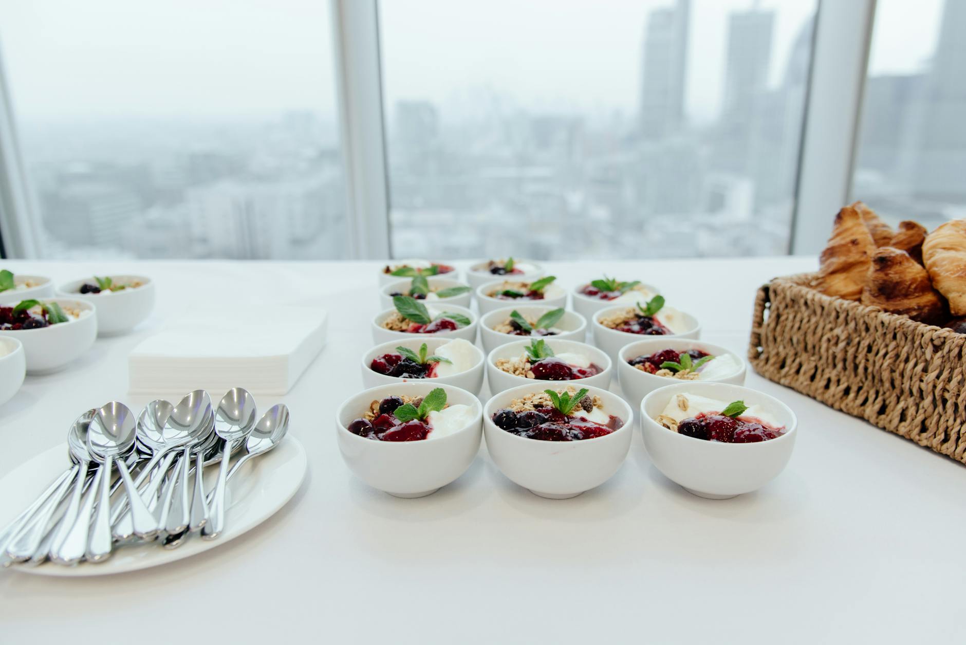 Bowls filled with sweet desserts on table