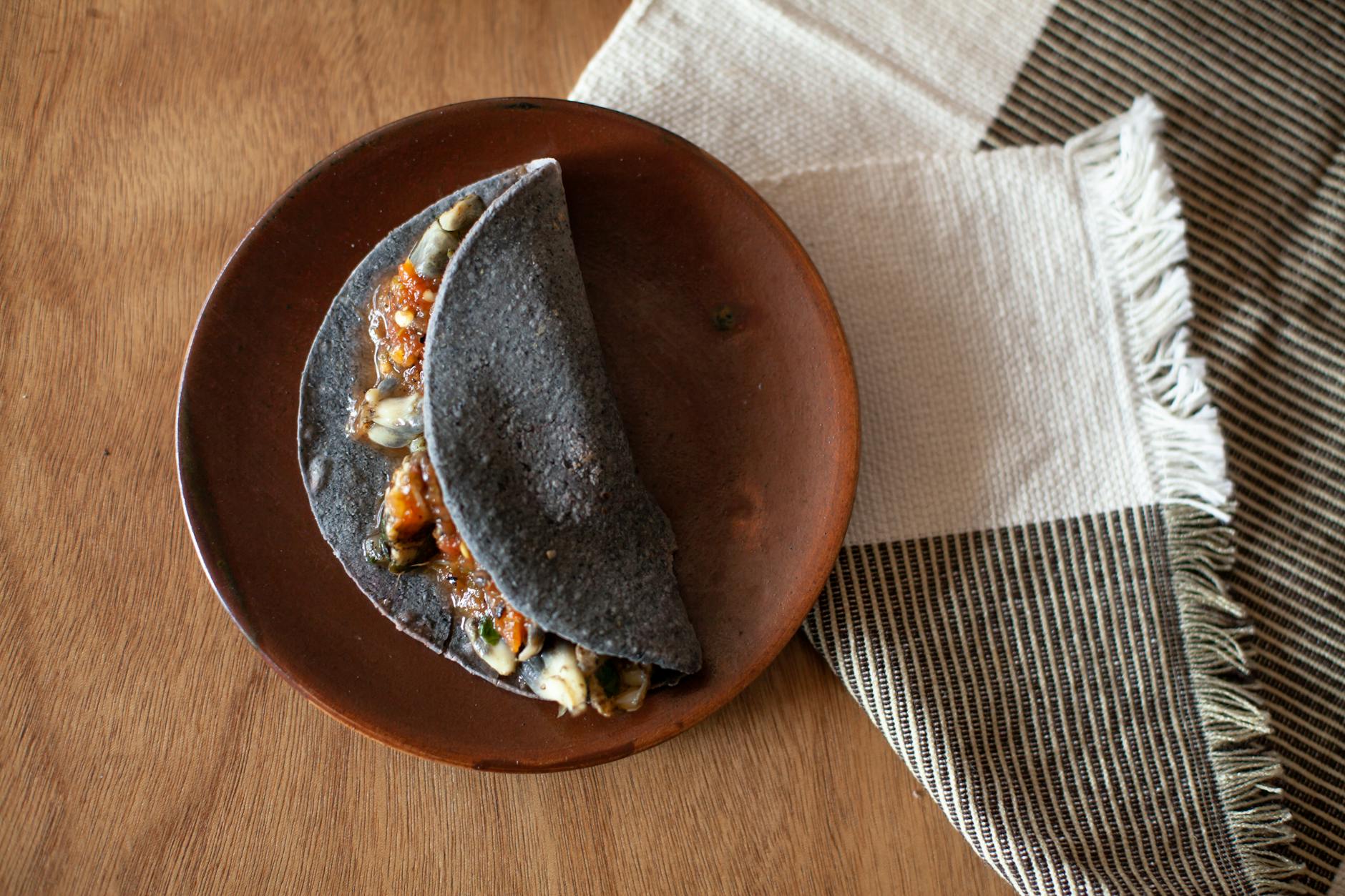 Overhead Shot of a Taco on Top of a Brown Plate