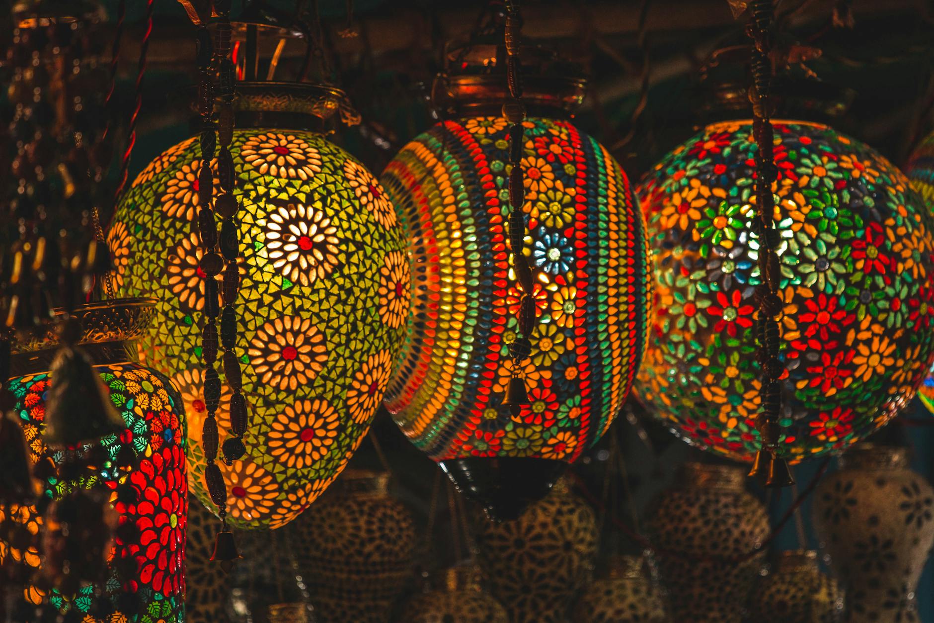 Three Multicolored Floral Pendant Lanterns