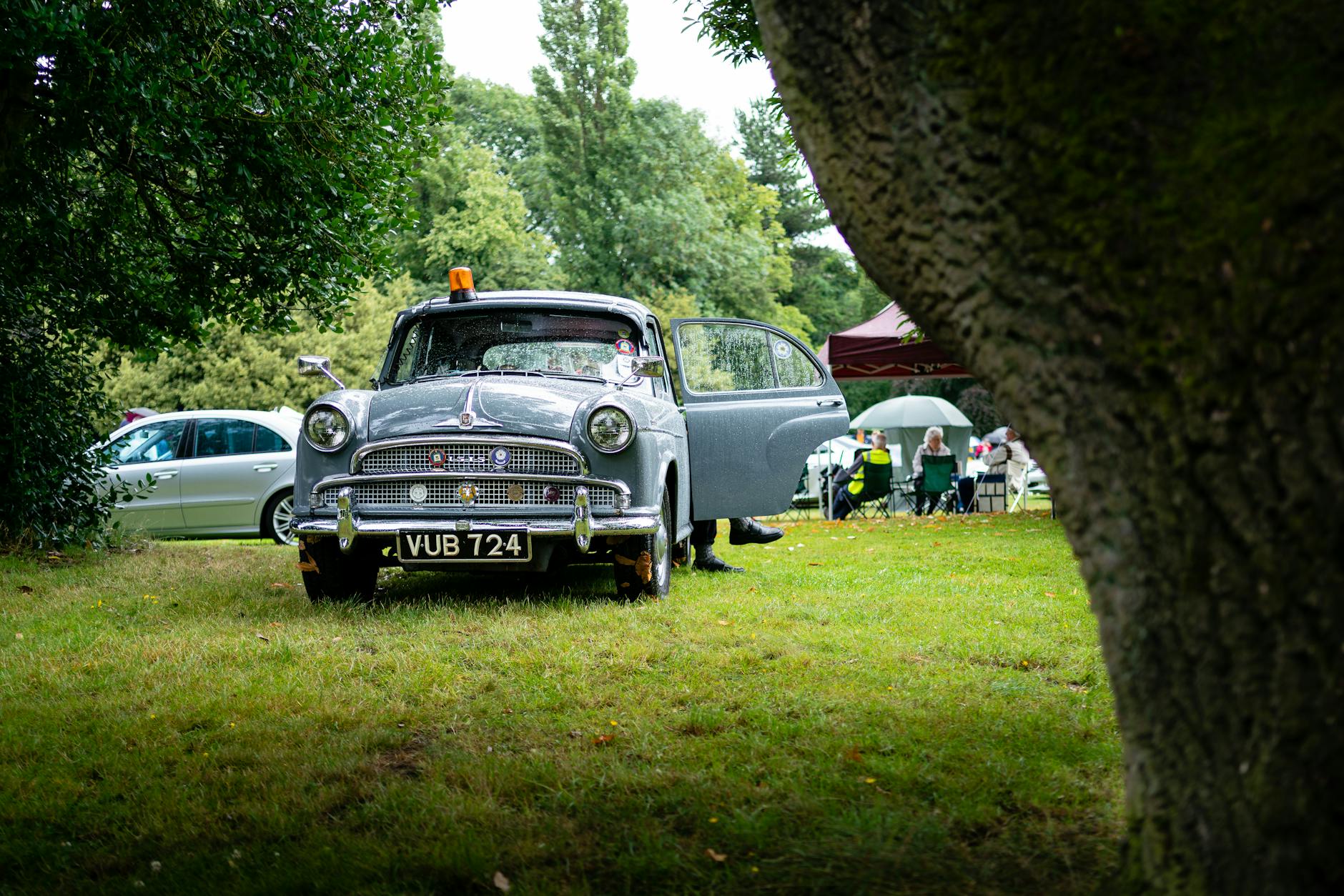 Vintage Gray Car on a Grass Field